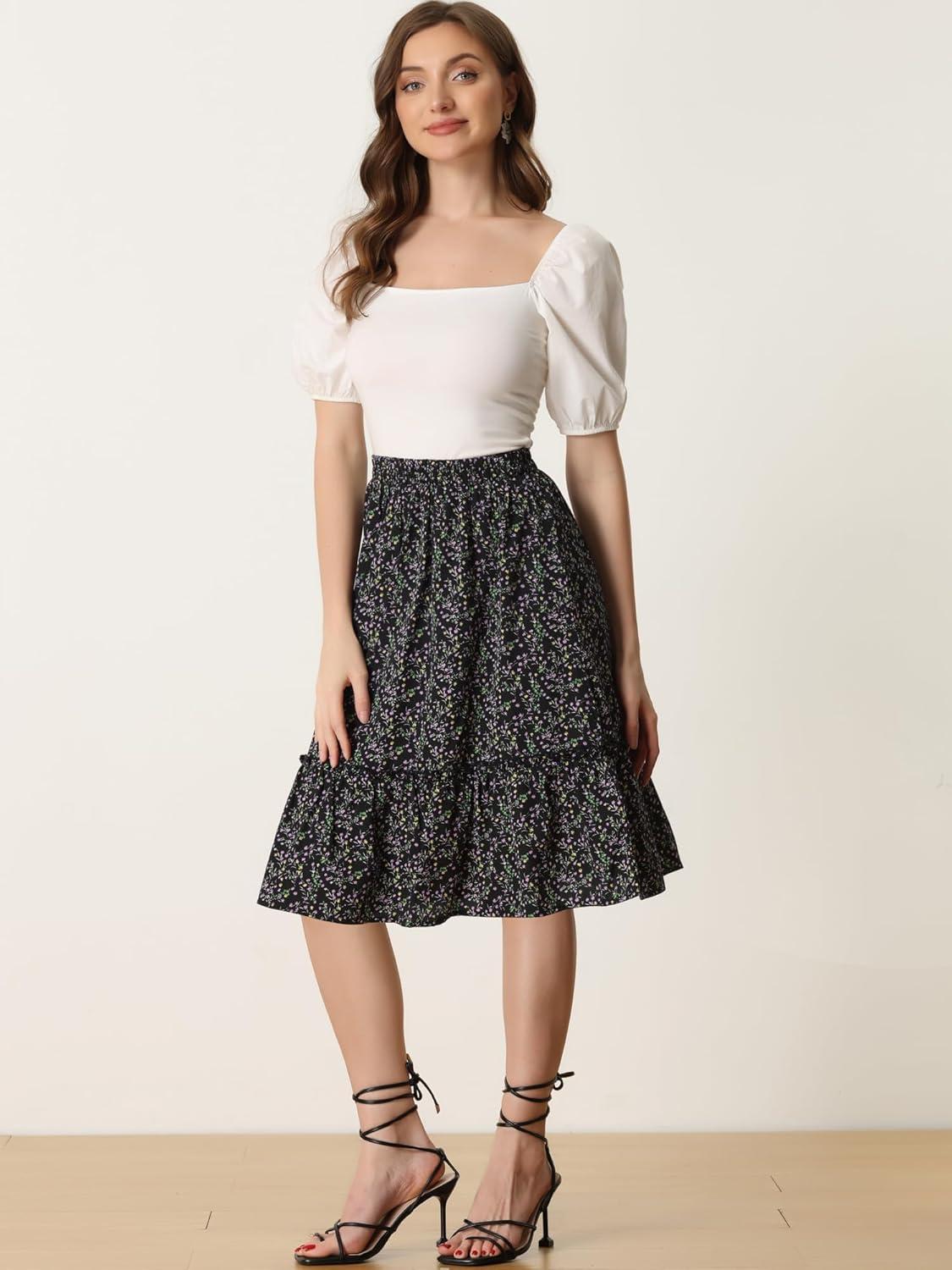 imageAllegra K Womens Knee Length Skirt Floral Elastic Waist Flowy Tiered ALine Ruffle SkirtBlack Floral