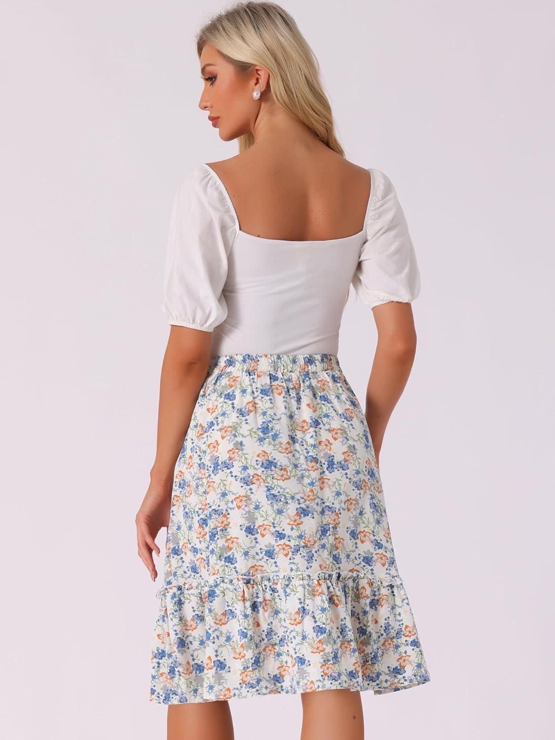 imageAllegra K Womens Knee Length Skirt Floral Elastic Waist Flowy Tiered ALine Ruffle SkirtBlue White