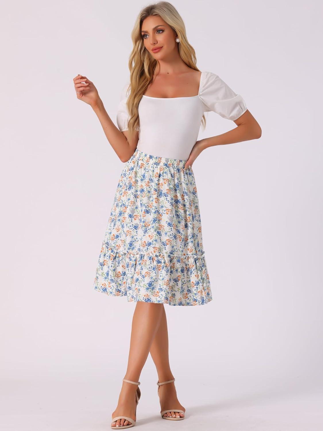 imageAllegra K Womens Knee Length Skirt Floral Elastic Waist Flowy Tiered ALine Ruffle SkirtBlue White