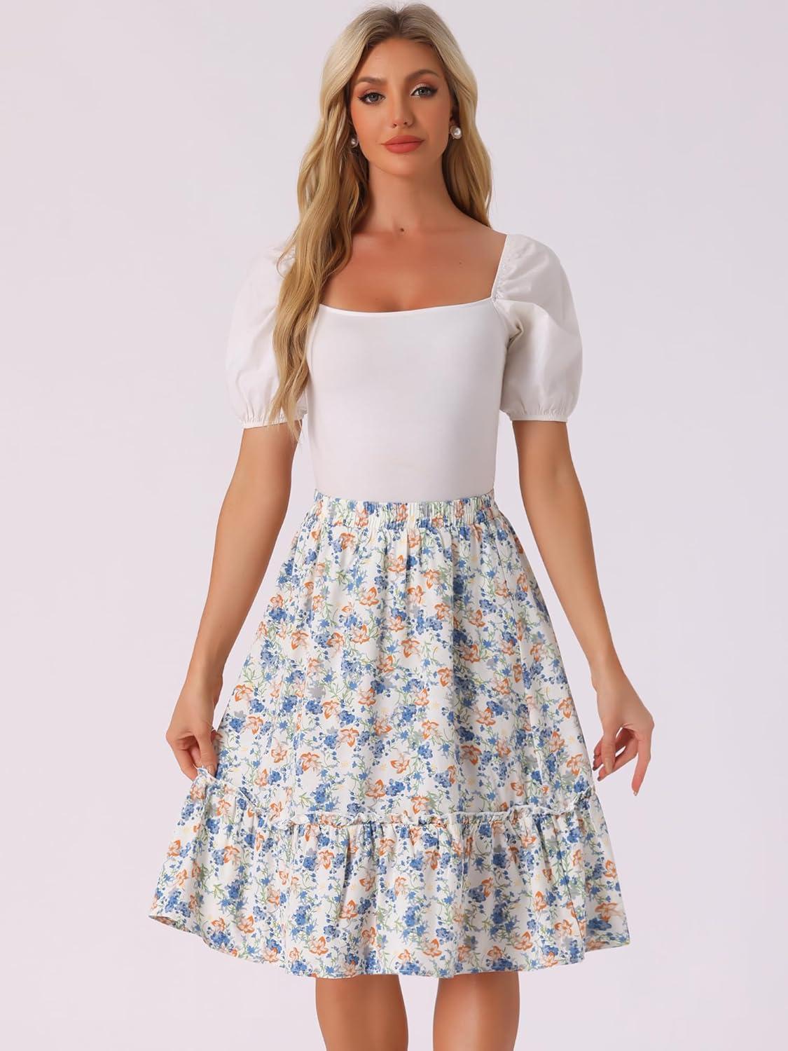 imageAllegra K Womens Knee Length Skirt Floral Elastic Waist Flowy Tiered ALine Ruffle SkirtBlue White