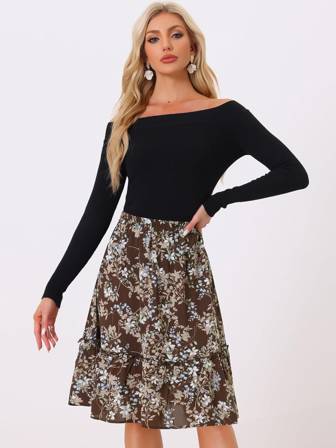 imageAllegra K Womens Knee Length Skirt Floral Elastic Waist Flowy Tiered ALine Ruffle SkirtBrown
