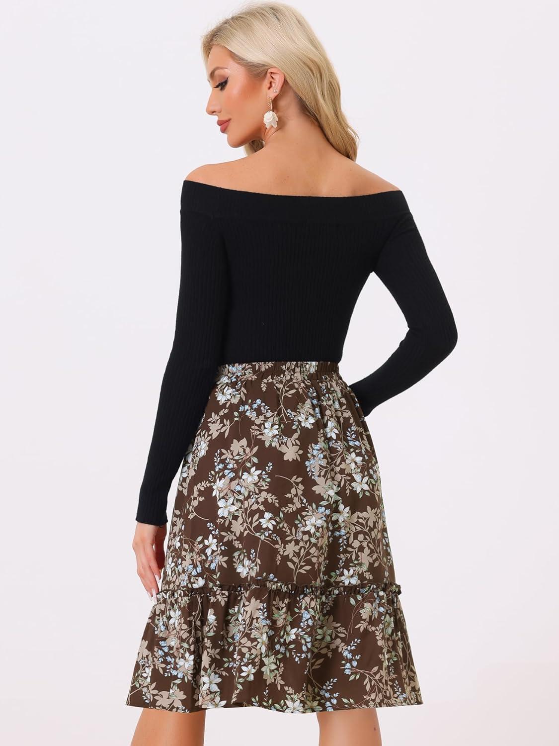 imageAllegra K Womens Knee Length Skirt Floral Elastic Waist Flowy Tiered ALine Ruffle SkirtBrown