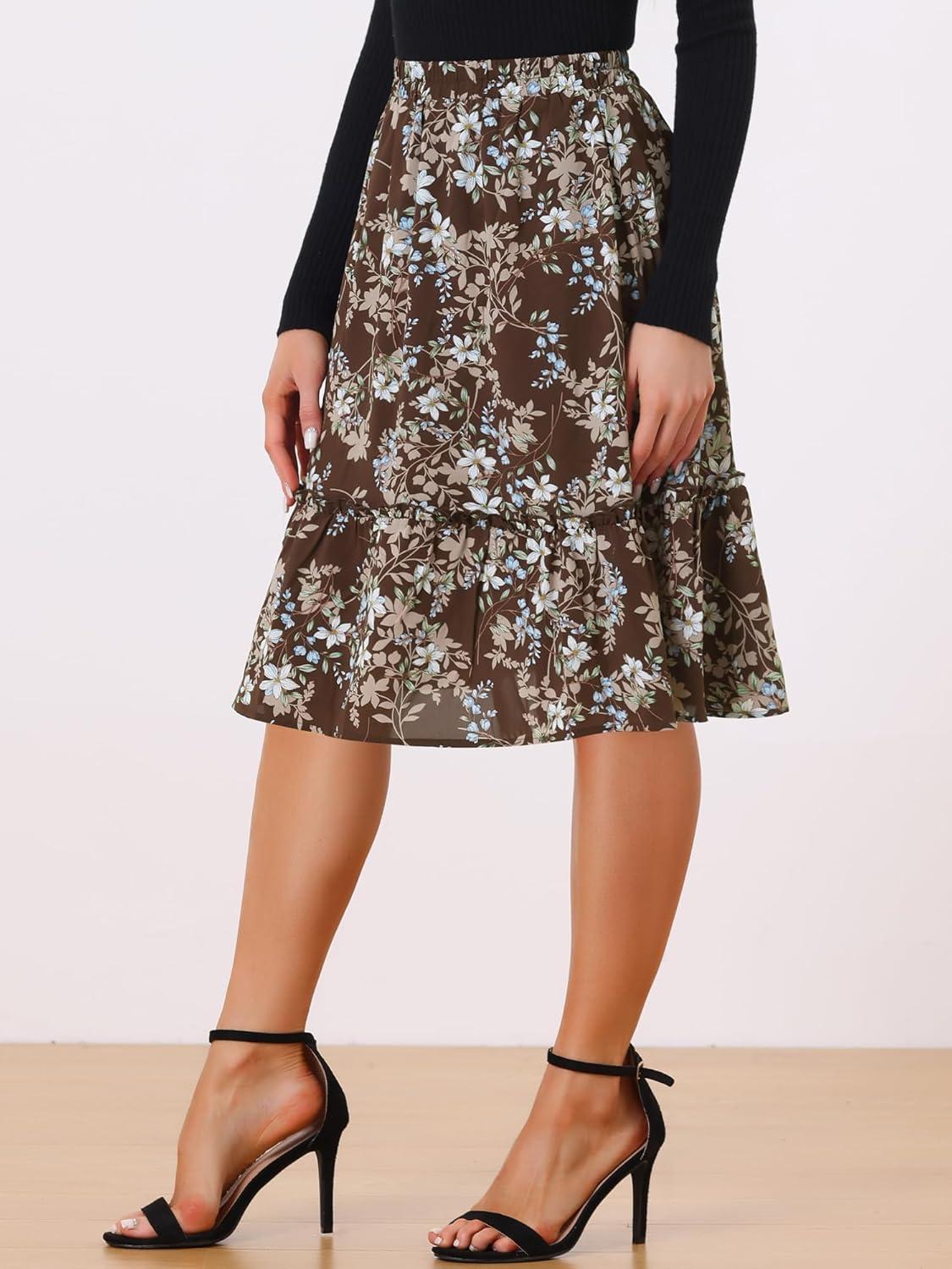 imageAllegra K Womens Knee Length Skirt Floral Elastic Waist Flowy Tiered ALine Ruffle SkirtBrown
