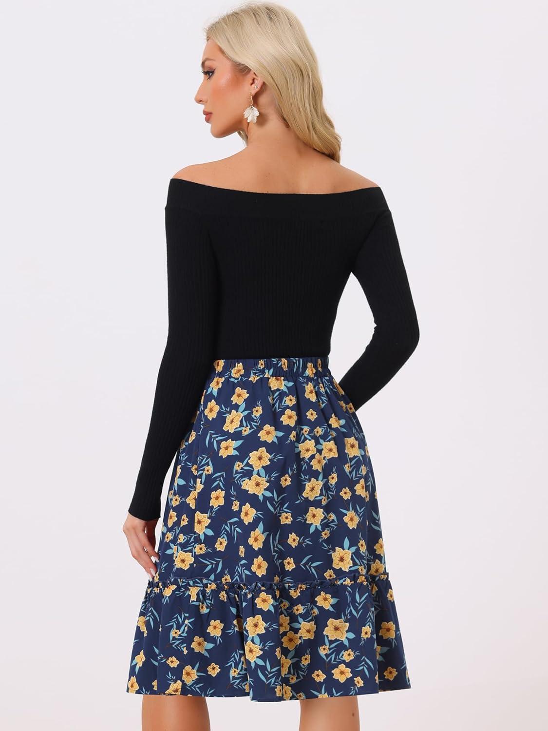 imageAllegra K Womens Knee Length Skirt Floral Elastic Waist Flowy Tiered ALine Ruffle SkirtDark Blue