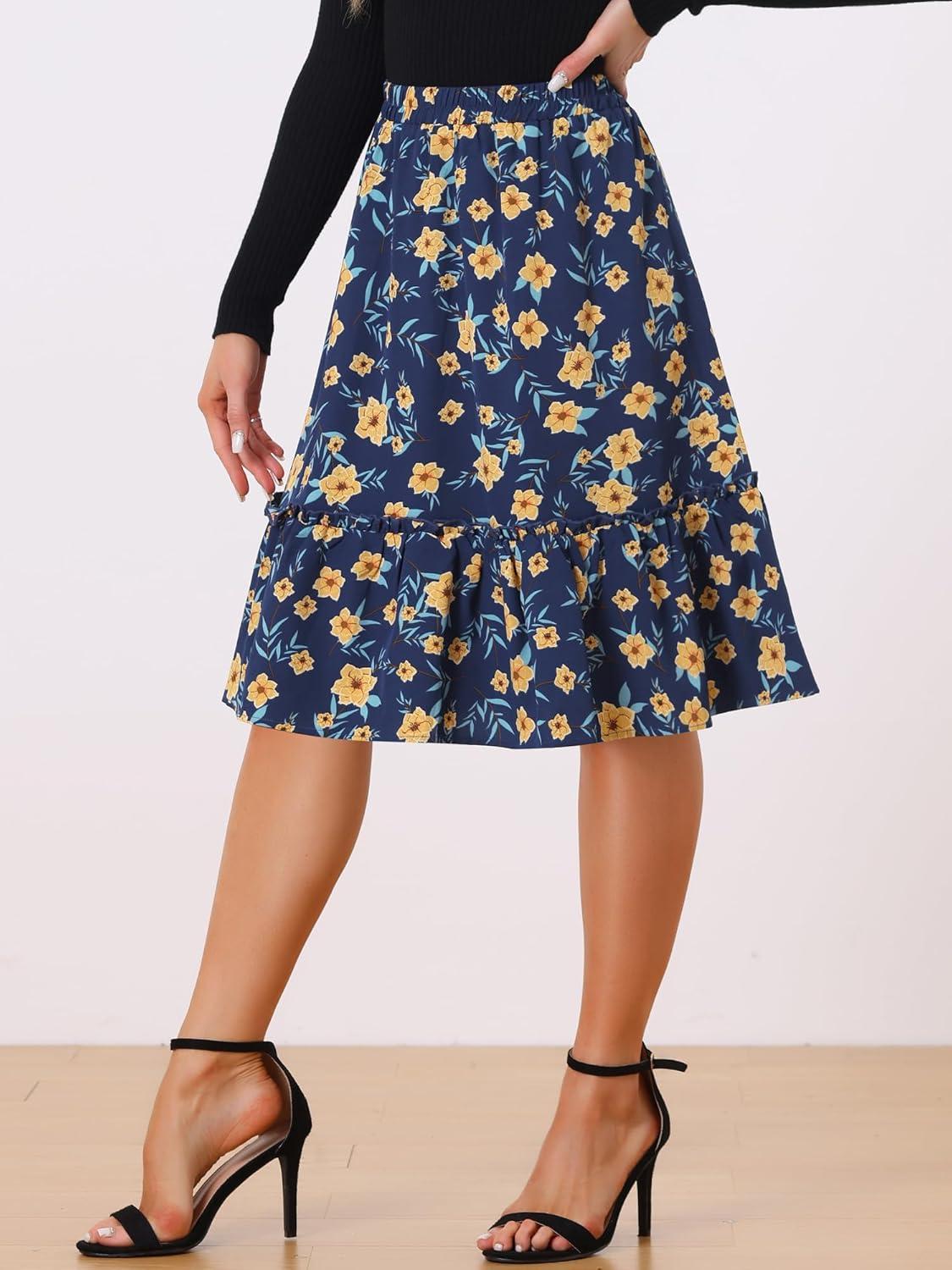 imageAllegra K Womens Knee Length Skirt Floral Elastic Waist Flowy Tiered ALine Ruffle SkirtDark Blue