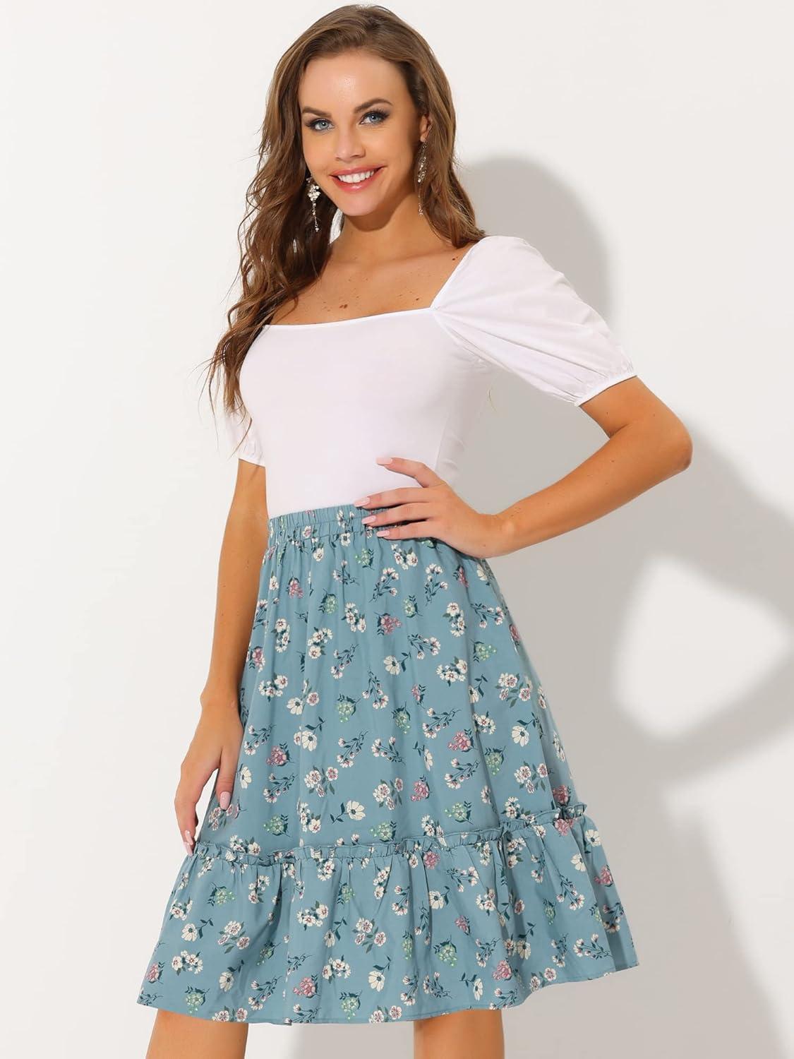 imageAllegra K Womens Knee Length Skirt Floral Elastic Waist Flowy Tiered ALine Ruffle SkirtDusty Blue