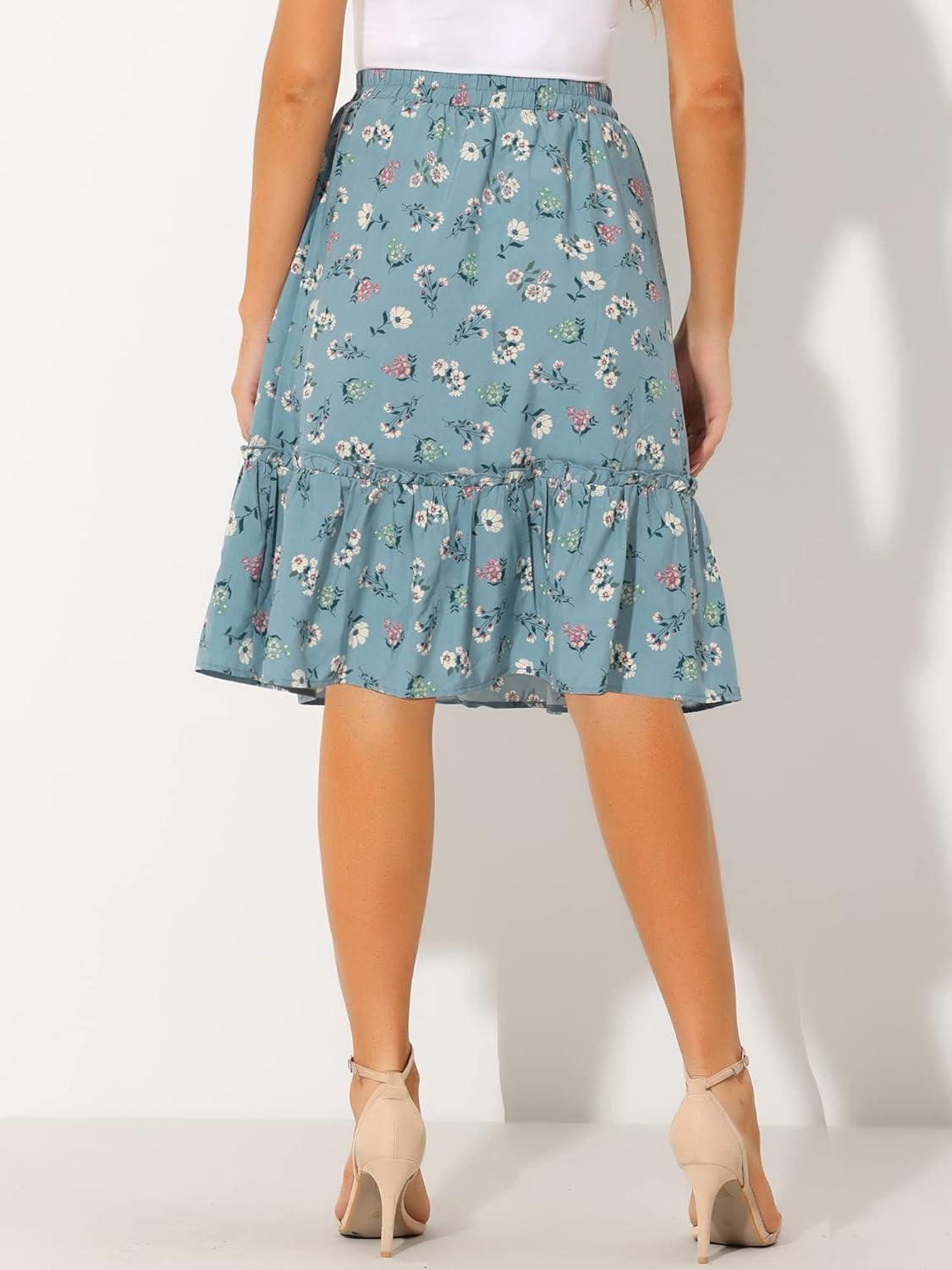 imageAllegra K Womens Knee Length Skirt Floral Elastic Waist Flowy Tiered ALine Ruffle SkirtDusty Blue