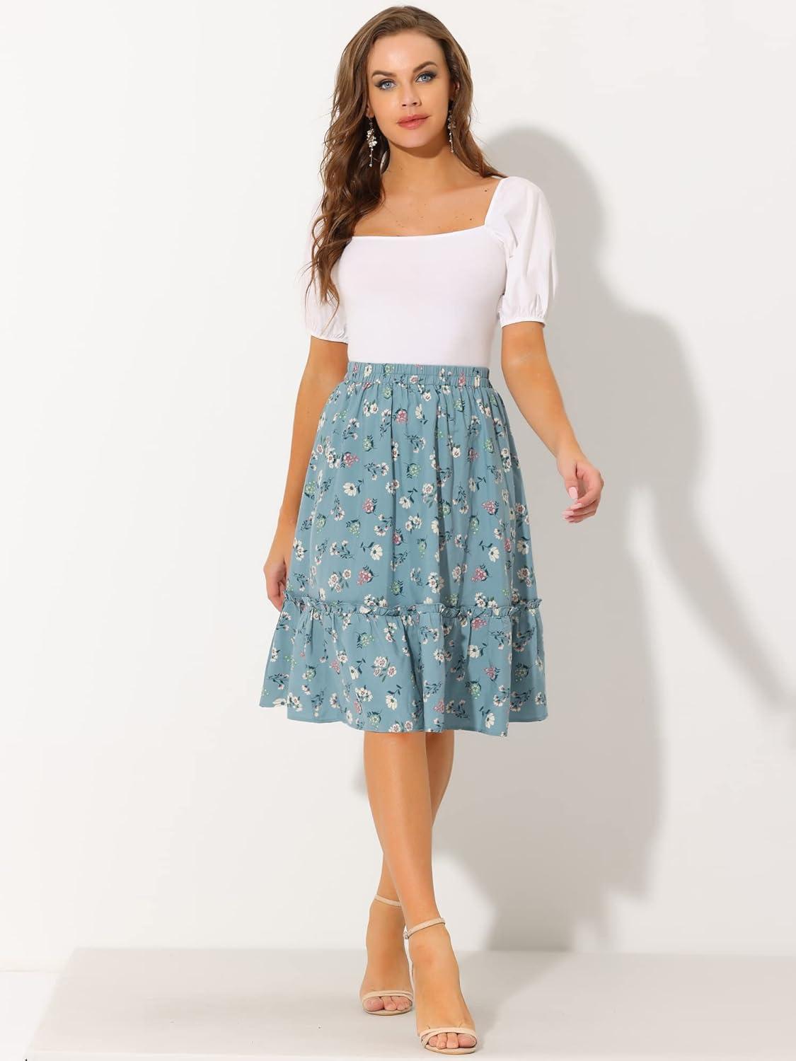 imageAllegra K Womens Knee Length Skirt Floral Elastic Waist Flowy Tiered ALine Ruffle SkirtDusty Blue