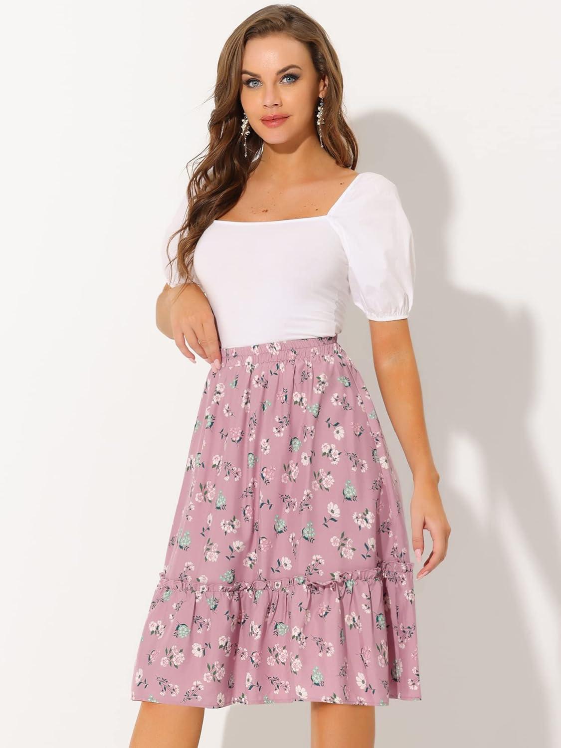 imageAllegra K Womens Knee Length Skirt Floral Elastic Waist Flowy Tiered ALine Ruffle SkirtDusty Pink