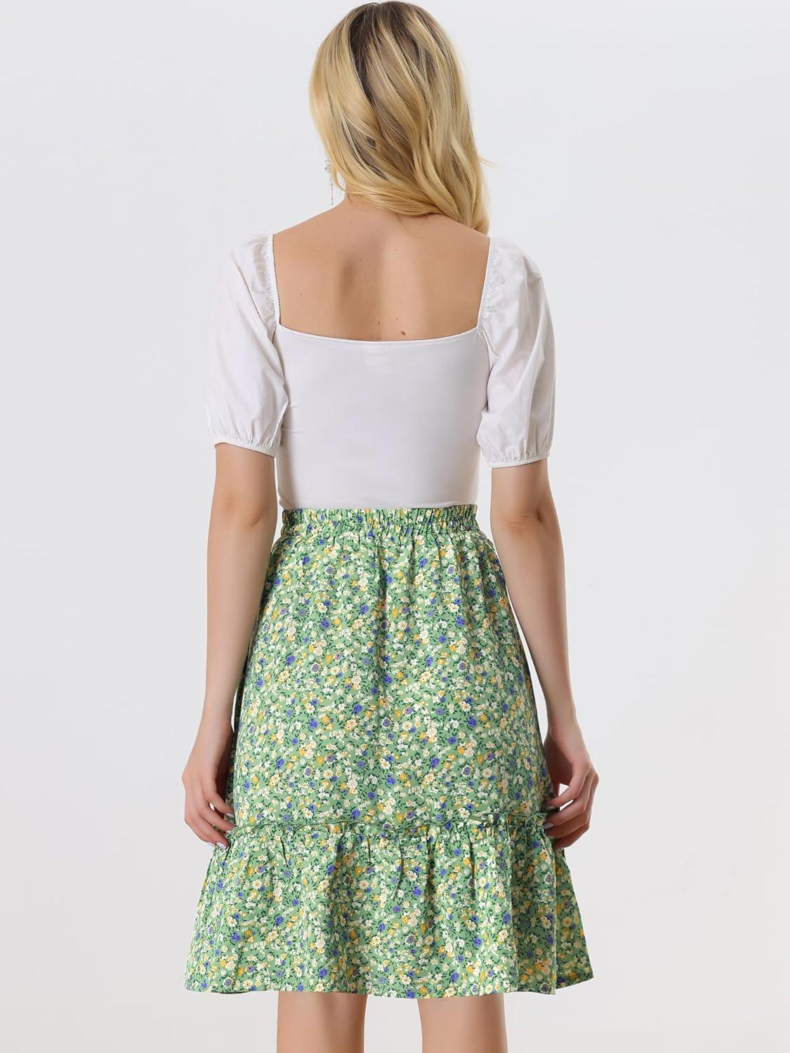 imageAllegra K Womens Knee Length Skirt Floral Elastic Waist Flowy Tiered ALine Ruffle SkirtGreen