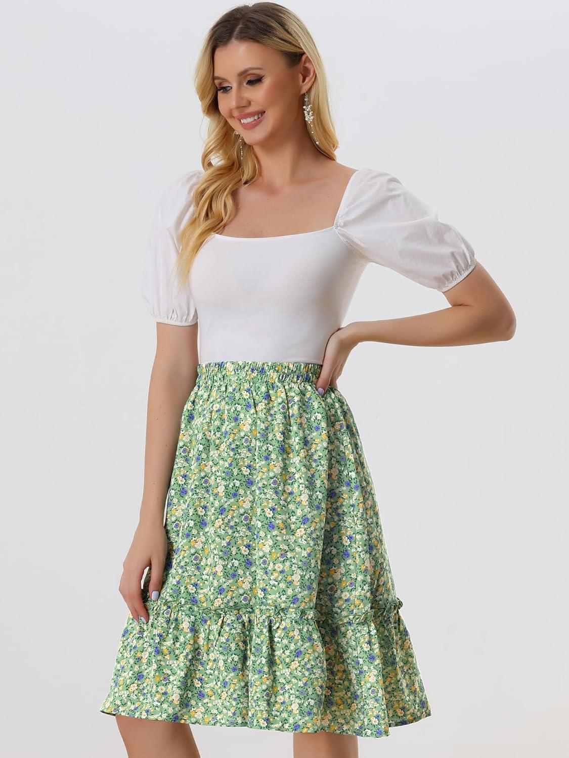 imageAllegra K Womens Knee Length Skirt Floral Elastic Waist Flowy Tiered ALine Ruffle SkirtGreen