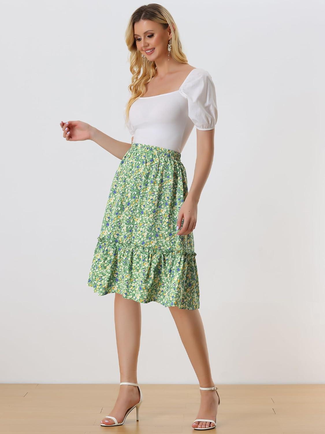 imageAllegra K Womens Knee Length Skirt Floral Elastic Waist Flowy Tiered ALine Ruffle SkirtGreen