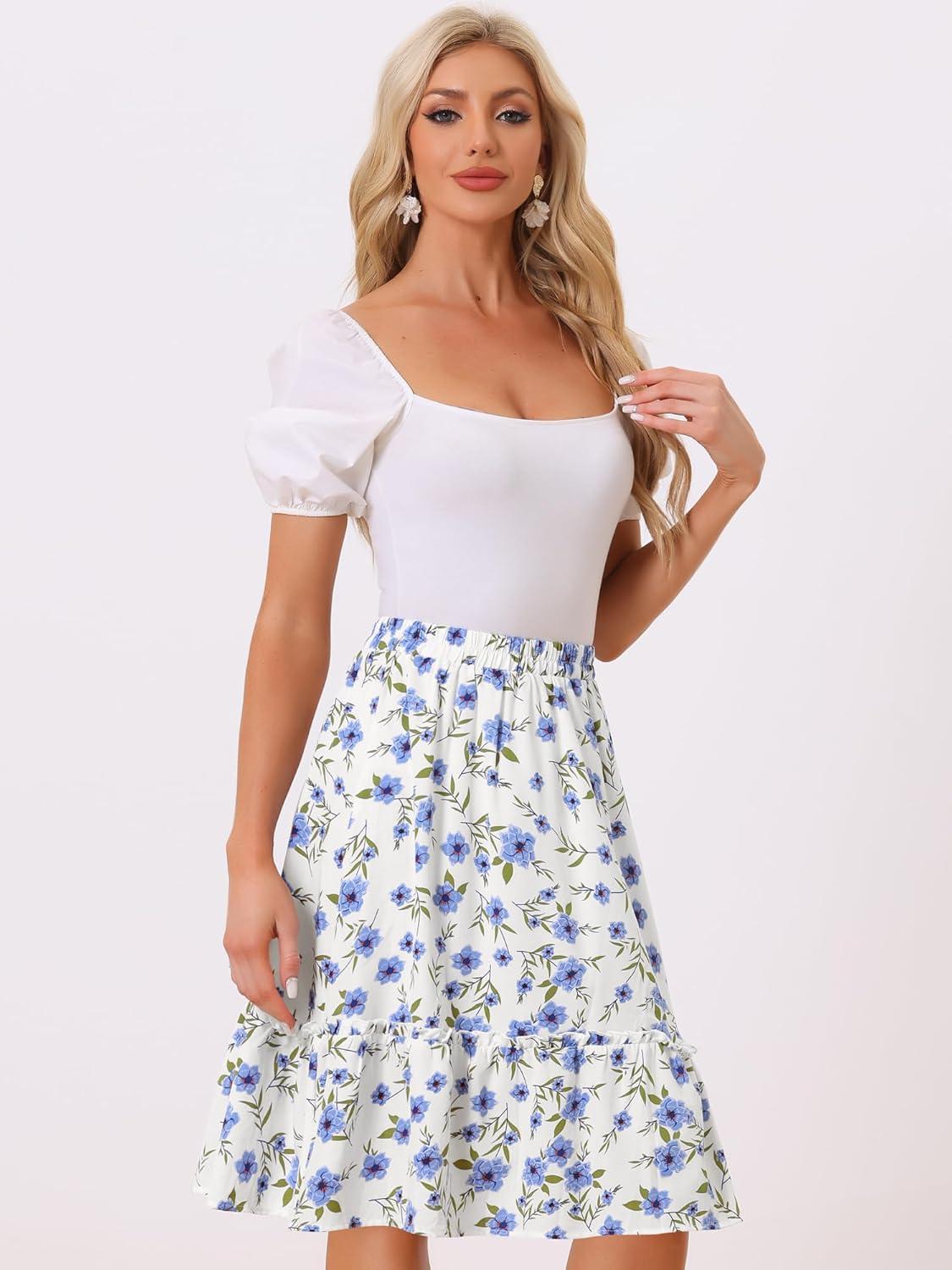 imageAllegra K Womens Knee Length Skirt Floral Elastic Waist Flowy Tiered ALine Ruffle SkirtLight Blue