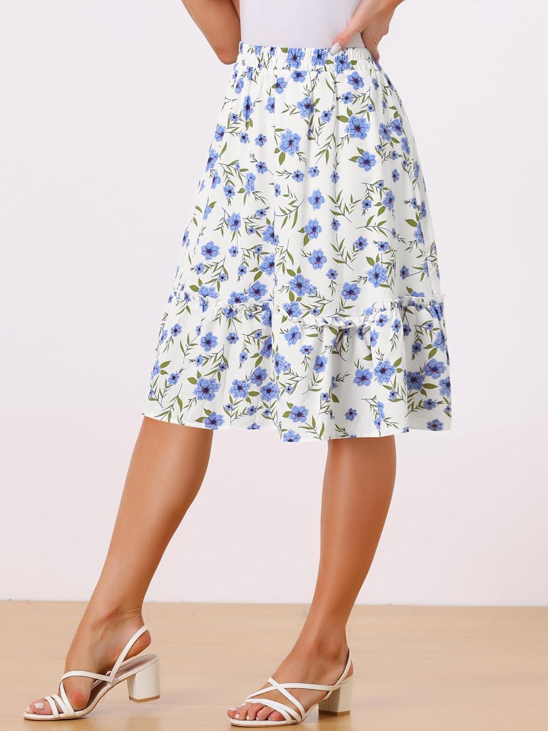 imageAllegra K Womens Knee Length Skirt Floral Elastic Waist Flowy Tiered ALine Ruffle SkirtLight Blue