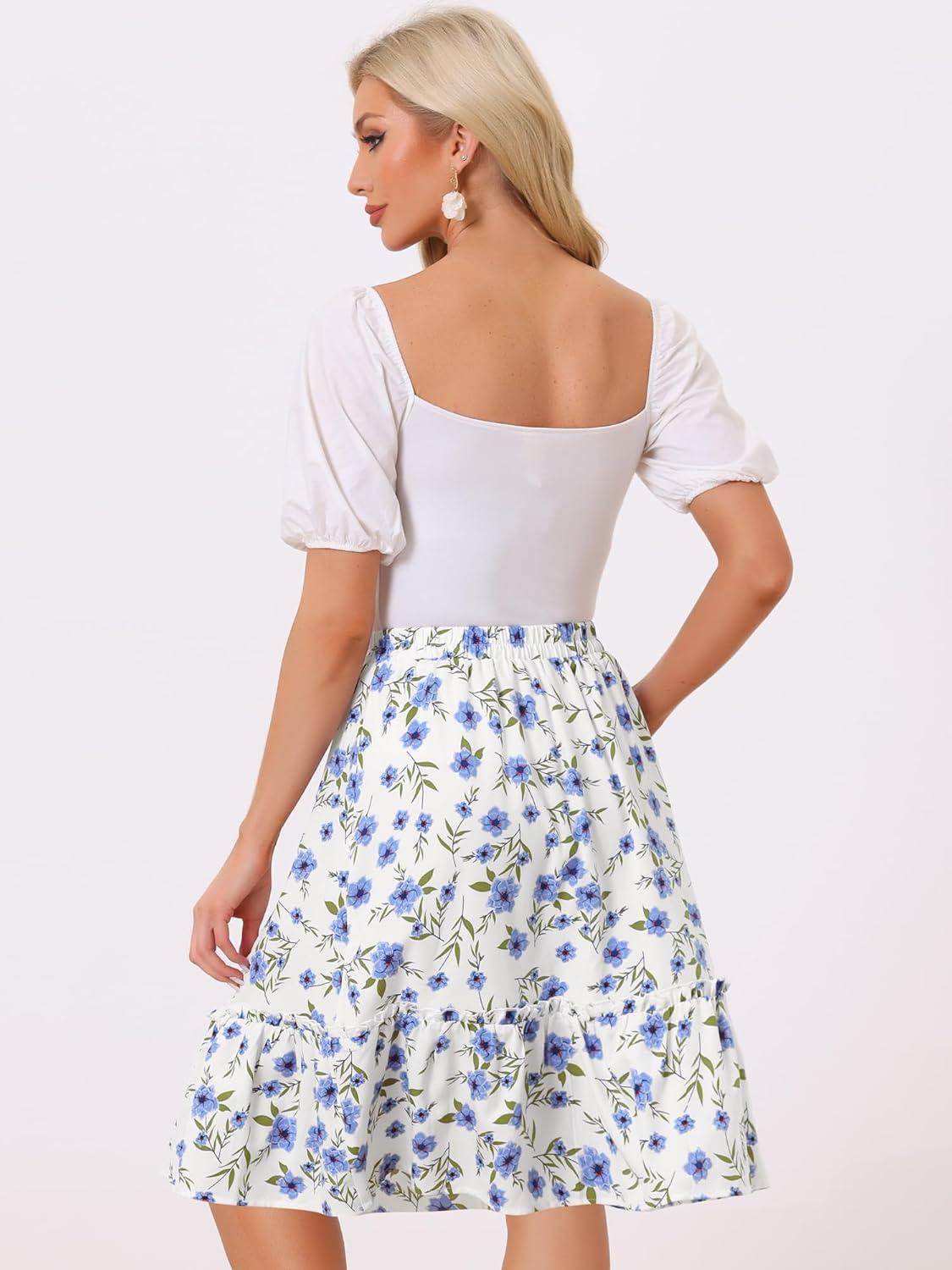 imageAllegra K Womens Knee Length Skirt Floral Elastic Waist Flowy Tiered ALine Ruffle SkirtLight Blue
