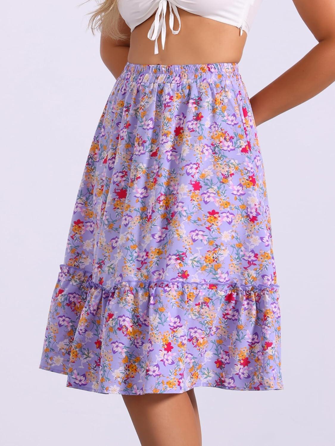 imageAllegra K Womens Knee Length Skirt Floral Elastic Waist Flowy Tiered ALine Ruffle SkirtLight Purple
