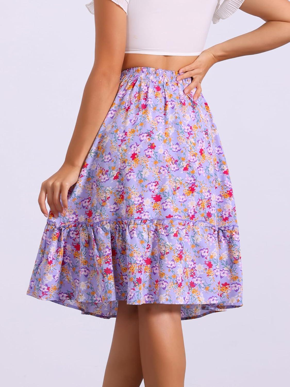 imageAllegra K Womens Knee Length Skirt Floral Elastic Waist Flowy Tiered ALine Ruffle SkirtLight Purple