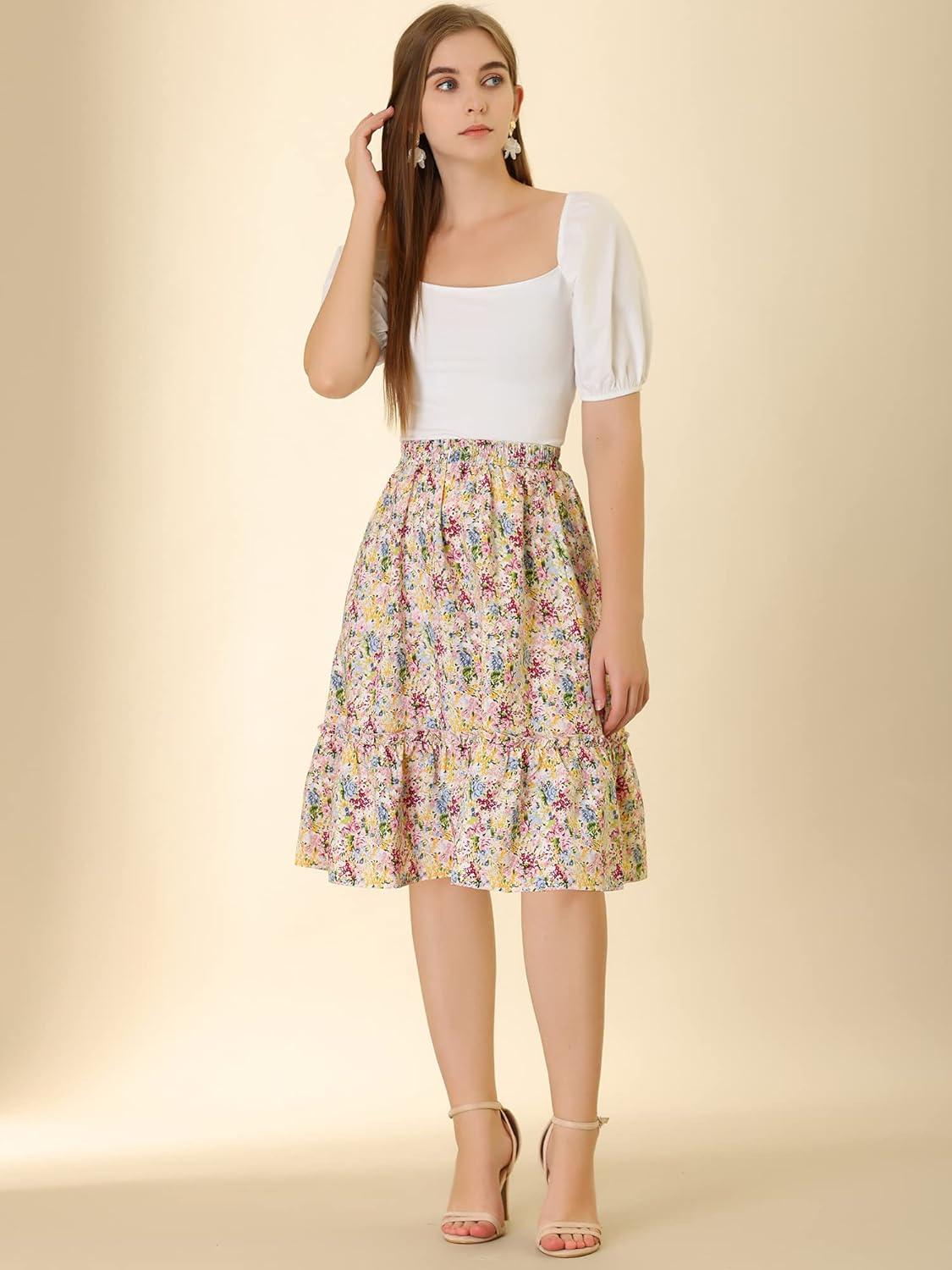 imageAllegra K Womens Knee Length Skirt Floral Elastic Waist Flowy Tiered ALine Ruffle SkirtMulticolor