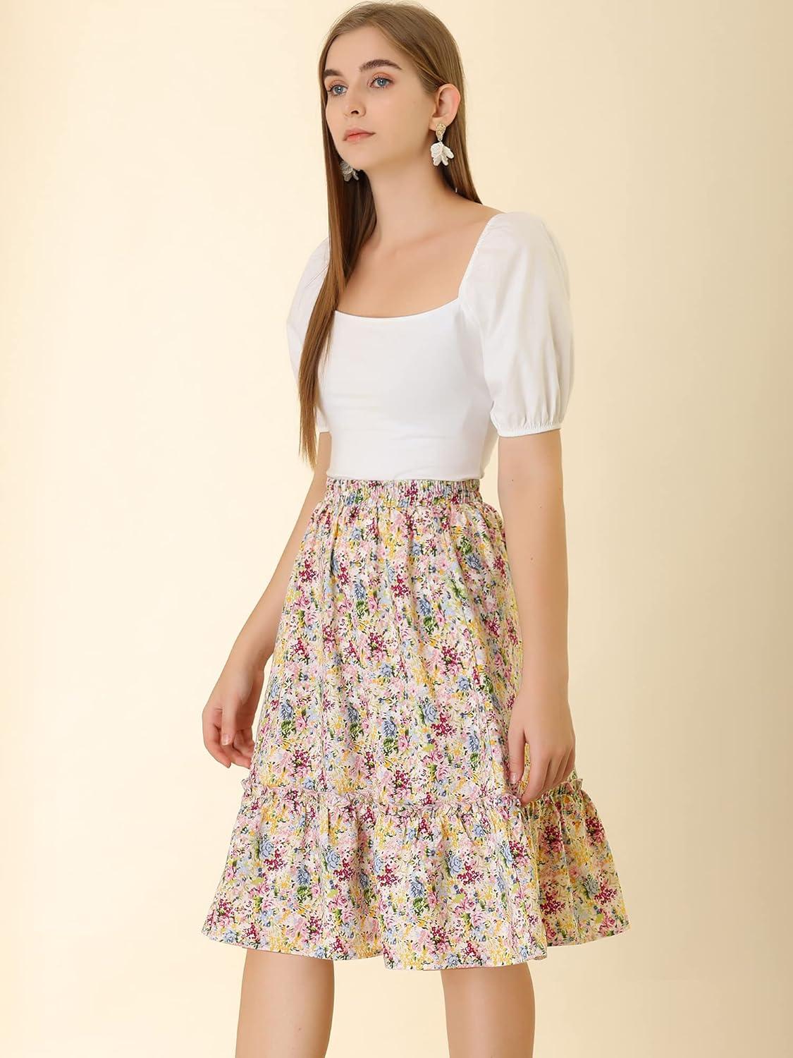 imageAllegra K Womens Knee Length Skirt Floral Elastic Waist Flowy Tiered ALine Ruffle SkirtMulticolor