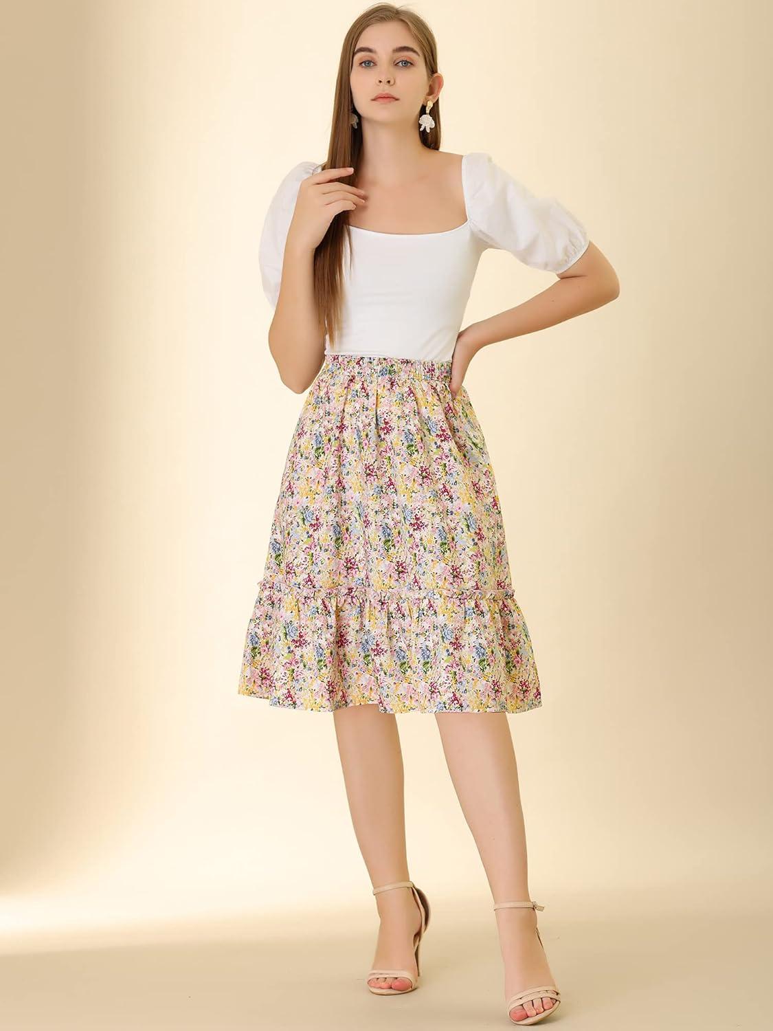 imageAllegra K Womens Knee Length Skirt Floral Elastic Waist Flowy Tiered ALine Ruffle SkirtMulticolor