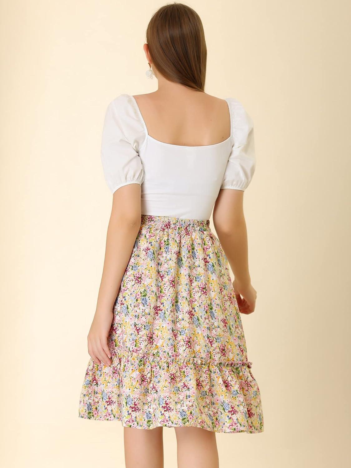 imageAllegra K Womens Knee Length Skirt Floral Elastic Waist Flowy Tiered ALine Ruffle SkirtMulticolor