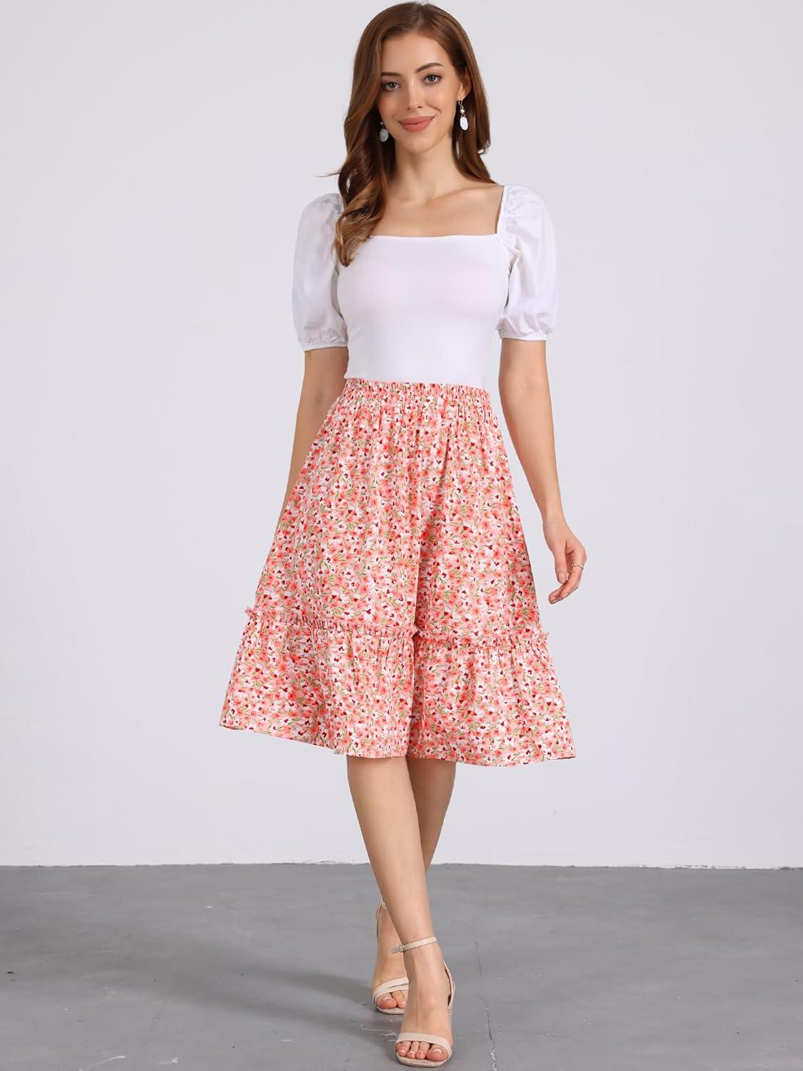imageAllegra K Womens Knee Length Skirt Floral Elastic Waist Flowy Tiered ALine Ruffle SkirtPeach Pink