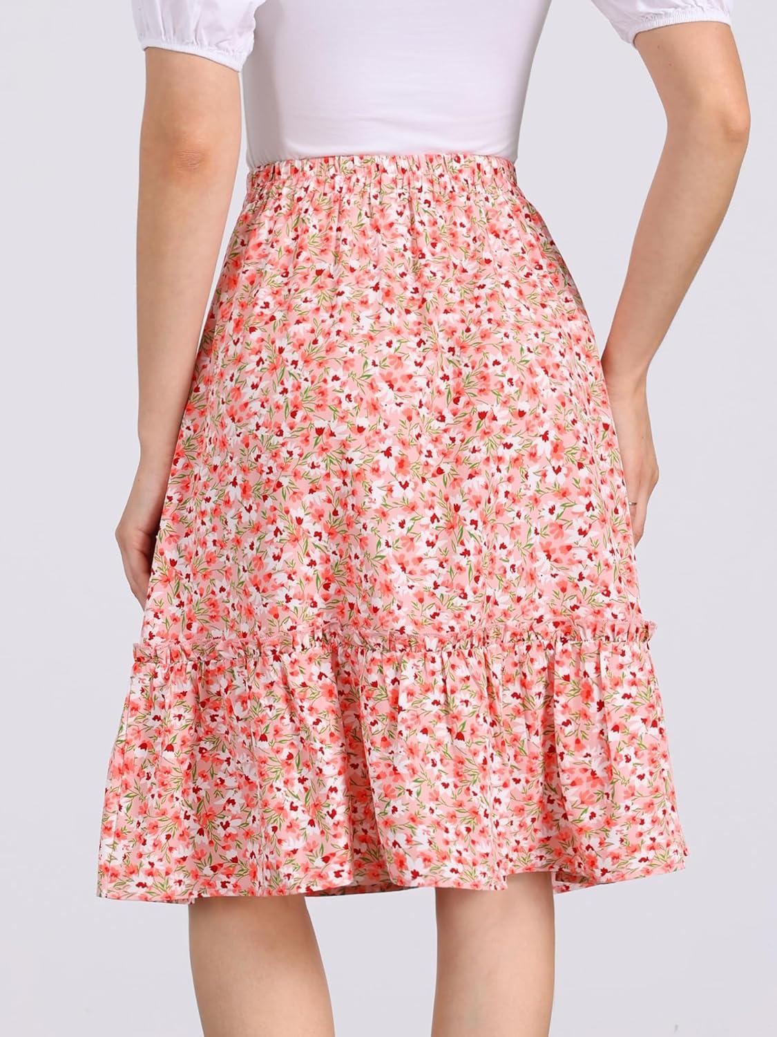 imageAllegra K Womens Knee Length Skirt Floral Elastic Waist Flowy Tiered ALine Ruffle SkirtPeach Pink