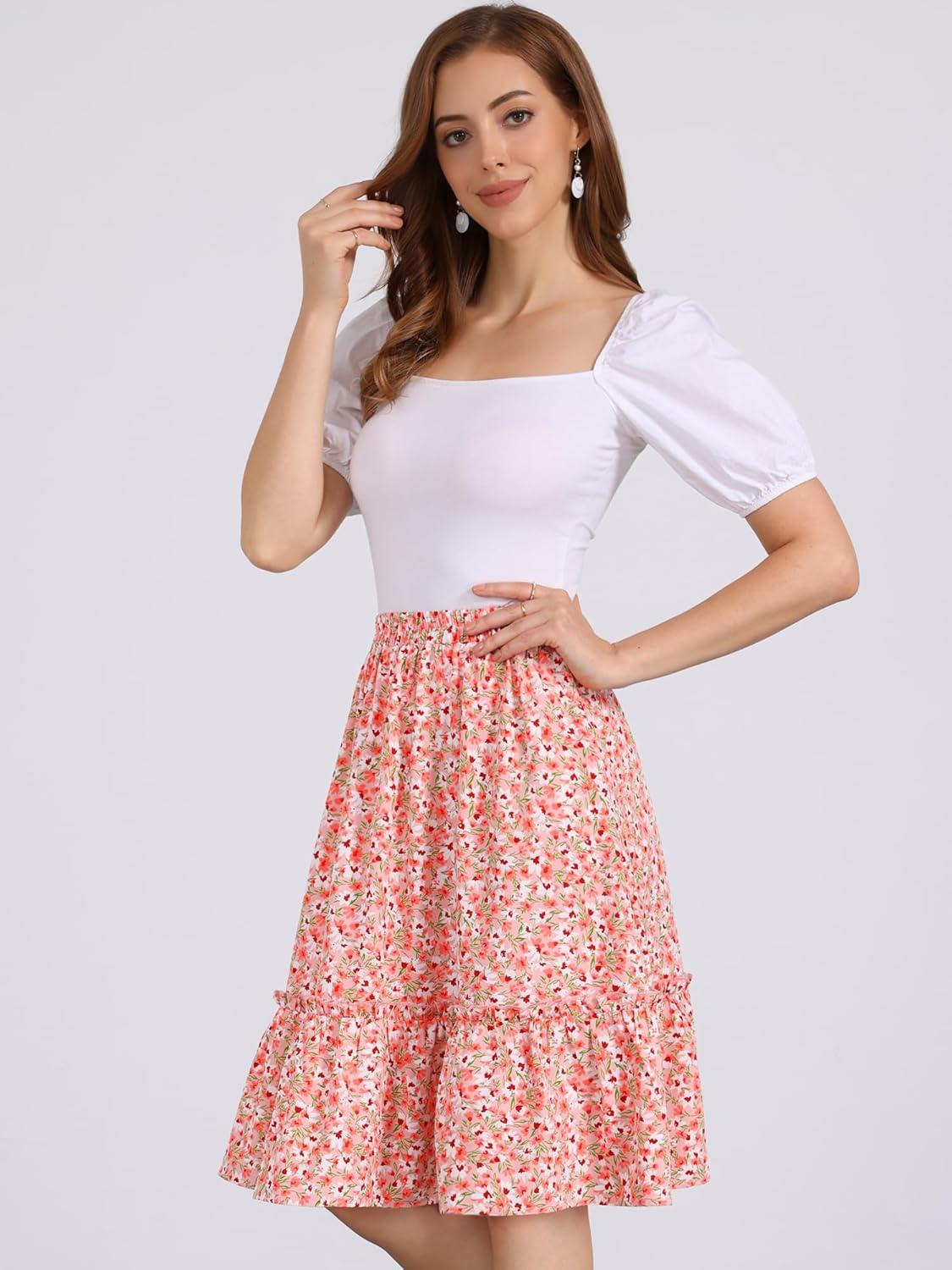 imageAllegra K Womens Knee Length Skirt Floral Elastic Waist Flowy Tiered ALine Ruffle SkirtPeach Pink