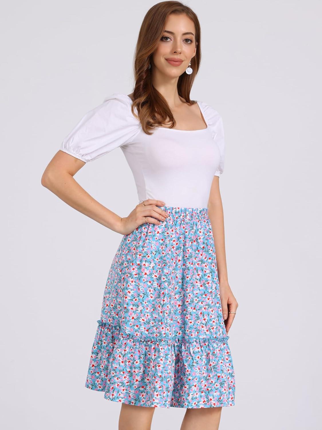 imageAllegra K Womens Knee Length Skirt Floral Elastic Waist Flowy Tiered ALine Ruffle SkirtSky Blue