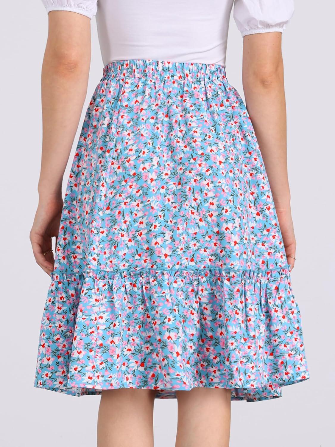 imageAllegra K Womens Knee Length Skirt Floral Elastic Waist Flowy Tiered ALine Ruffle SkirtSky Blue