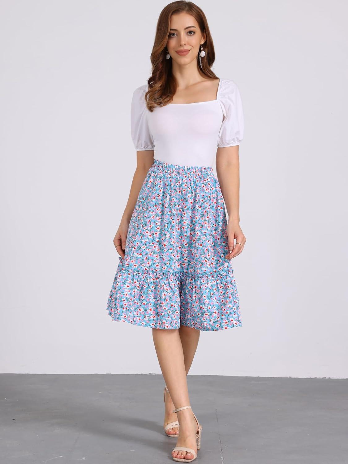imageAllegra K Womens Knee Length Skirt Floral Elastic Waist Flowy Tiered ALine Ruffle SkirtSky Blue