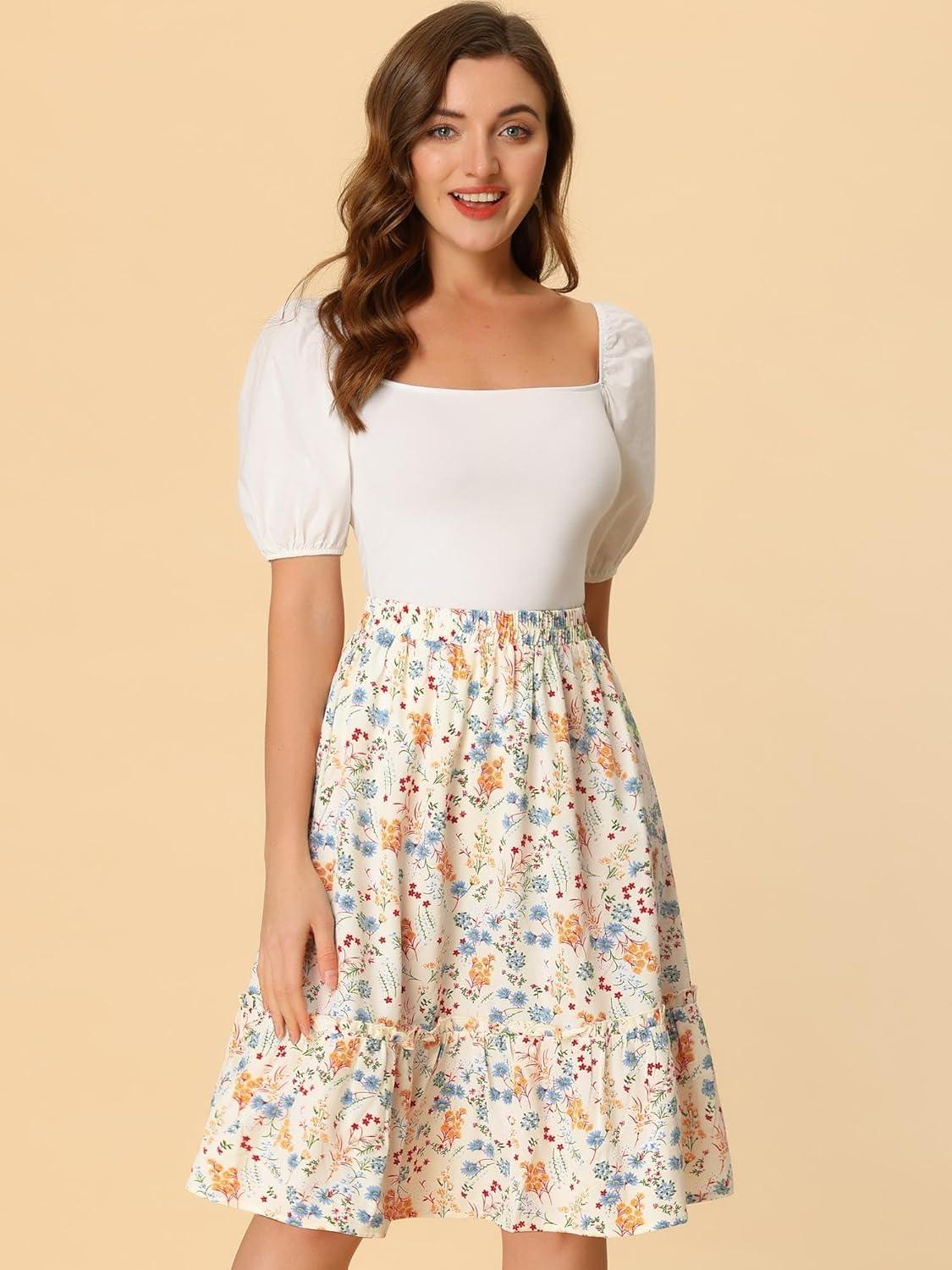imageAllegra K Womens Knee Length Skirt Floral Elastic Waist Flowy Tiered ALine Ruffle SkirtWhite