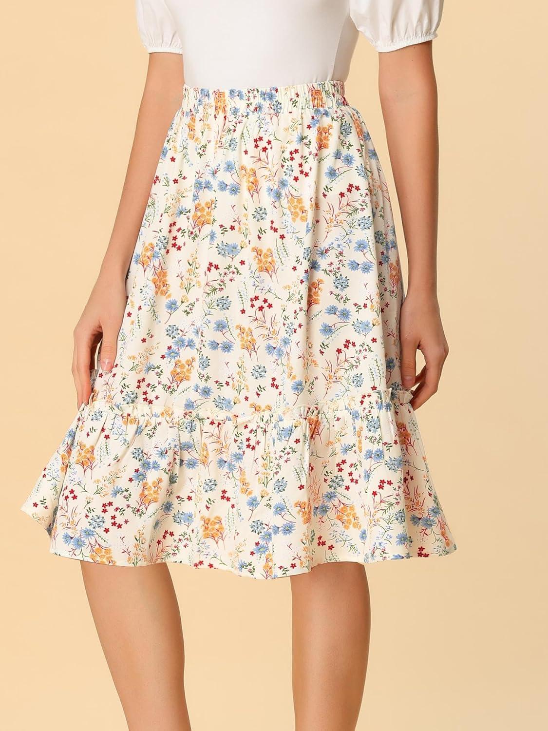 imageAllegra K Womens Knee Length Skirt Floral Elastic Waist Flowy Tiered ALine Ruffle SkirtWhite