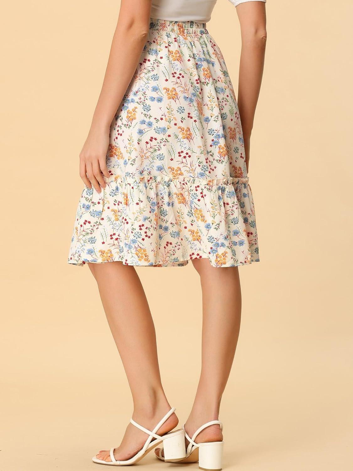imageAllegra K Womens Knee Length Skirt Floral Elastic Waist Flowy Tiered ALine Ruffle SkirtWhite