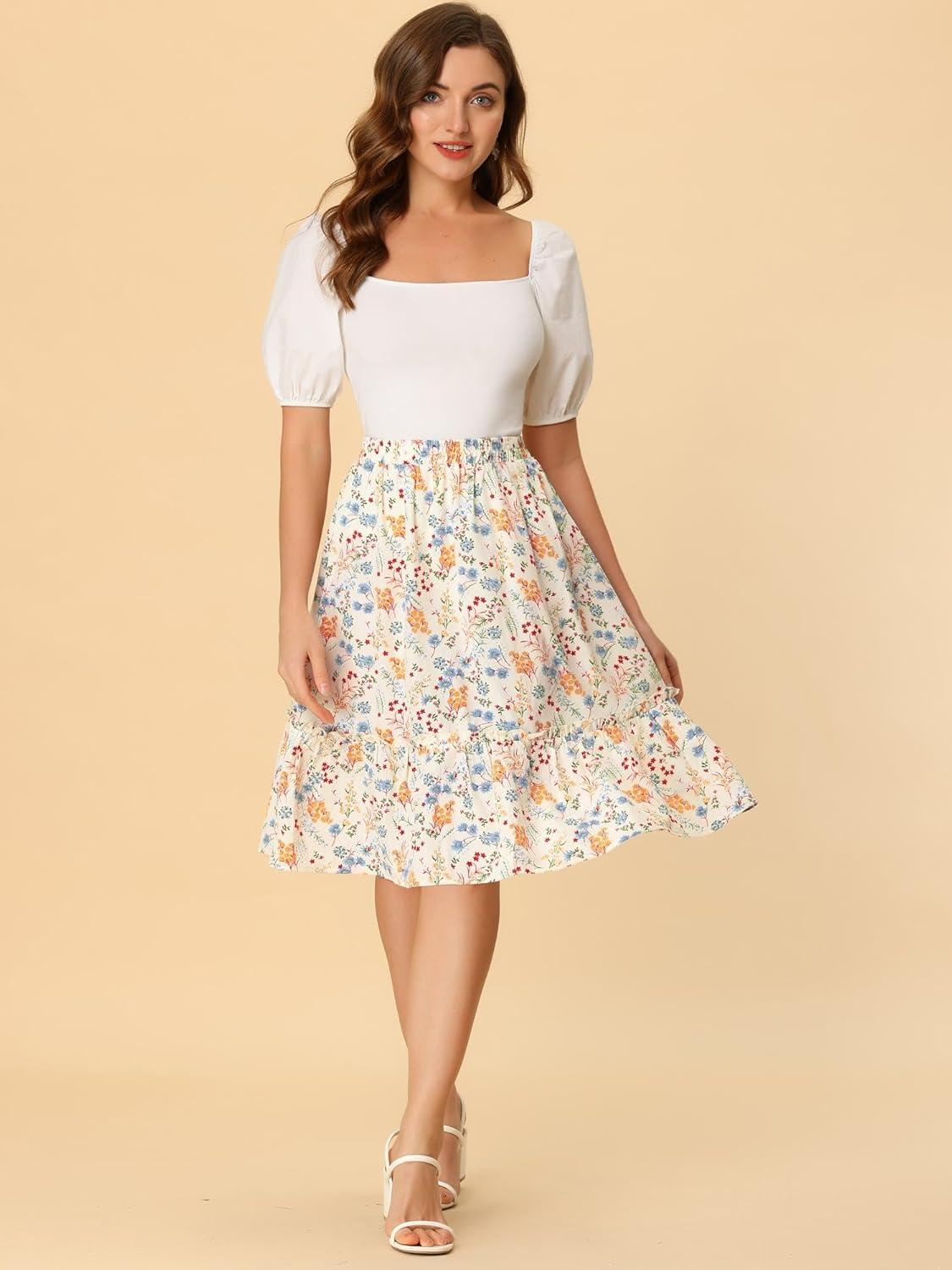 imageAllegra K Womens Knee Length Skirt Floral Elastic Waist Flowy Tiered ALine Ruffle SkirtWhite