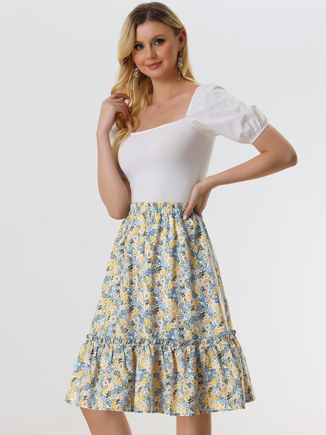 imageAllegra K Womens Knee Length Skirt Floral Elastic Waist Flowy Tiered ALine Ruffle SkirtWhite Yellow