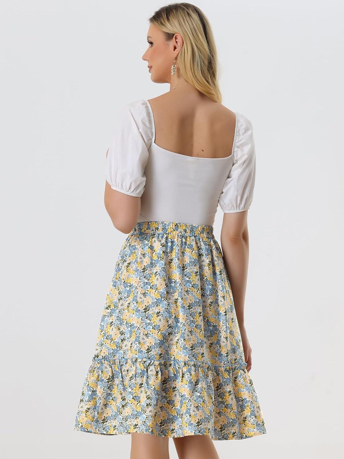 imageAllegra K Womens Knee Length Skirt Floral Elastic Waist Flowy Tiered ALine Ruffle SkirtWhite Yellow
