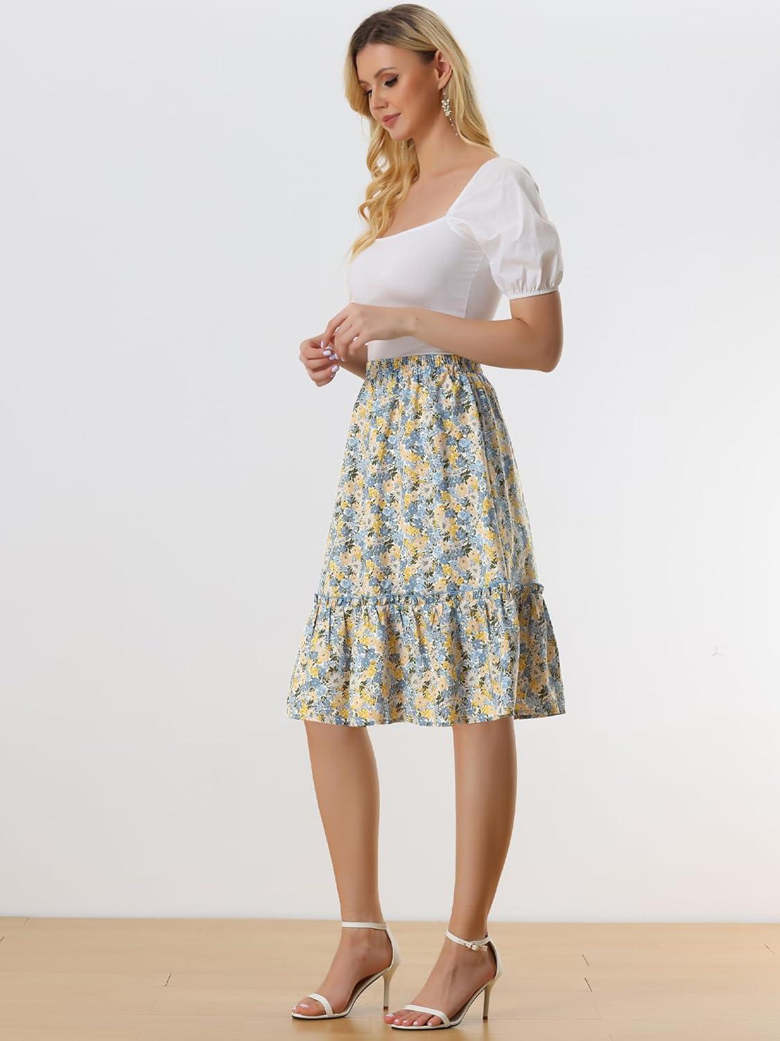 imageAllegra K Womens Knee Length Skirt Floral Elastic Waist Flowy Tiered ALine Ruffle SkirtWhite Yellow