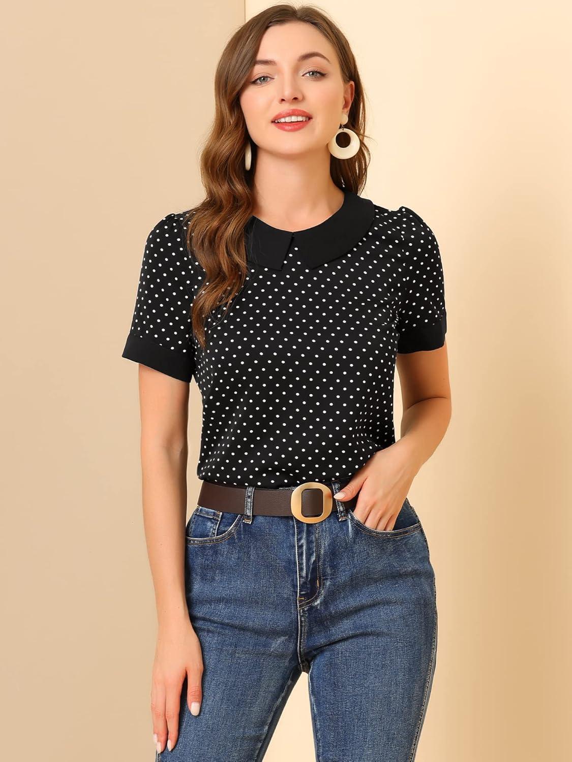 imageAllegra K Womens Peter Pan Collar Shirt Vintage 1950s Polka Dots BlouseBlack