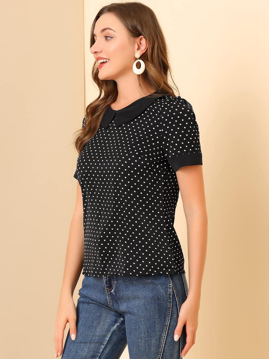 imageAllegra K Womens Peter Pan Collar Shirt Vintage 1950s Polka Dots BlouseBlack