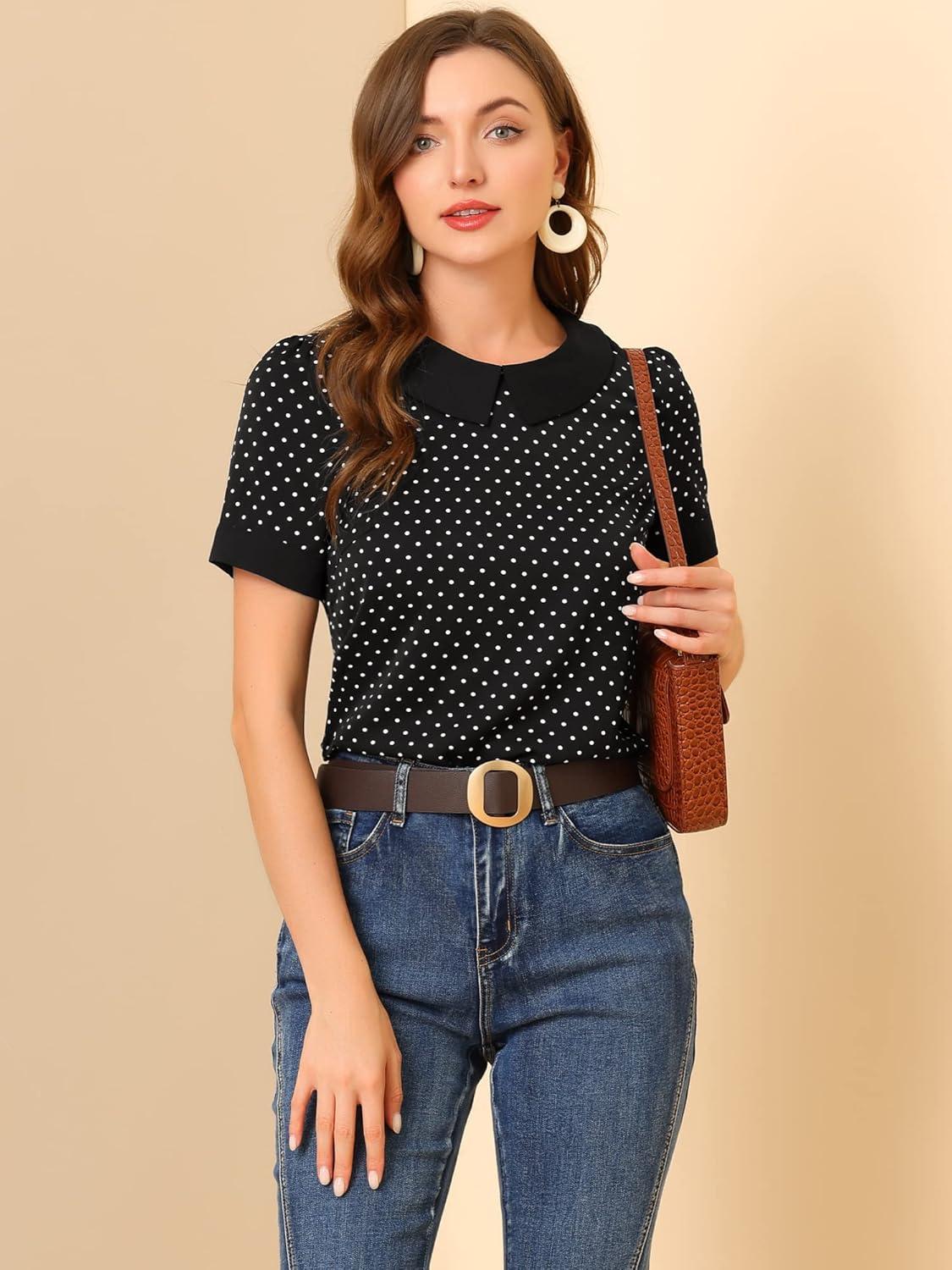 imageAllegra K Womens Peter Pan Collar Shirt Vintage 1950s Polka Dots BlouseBlack