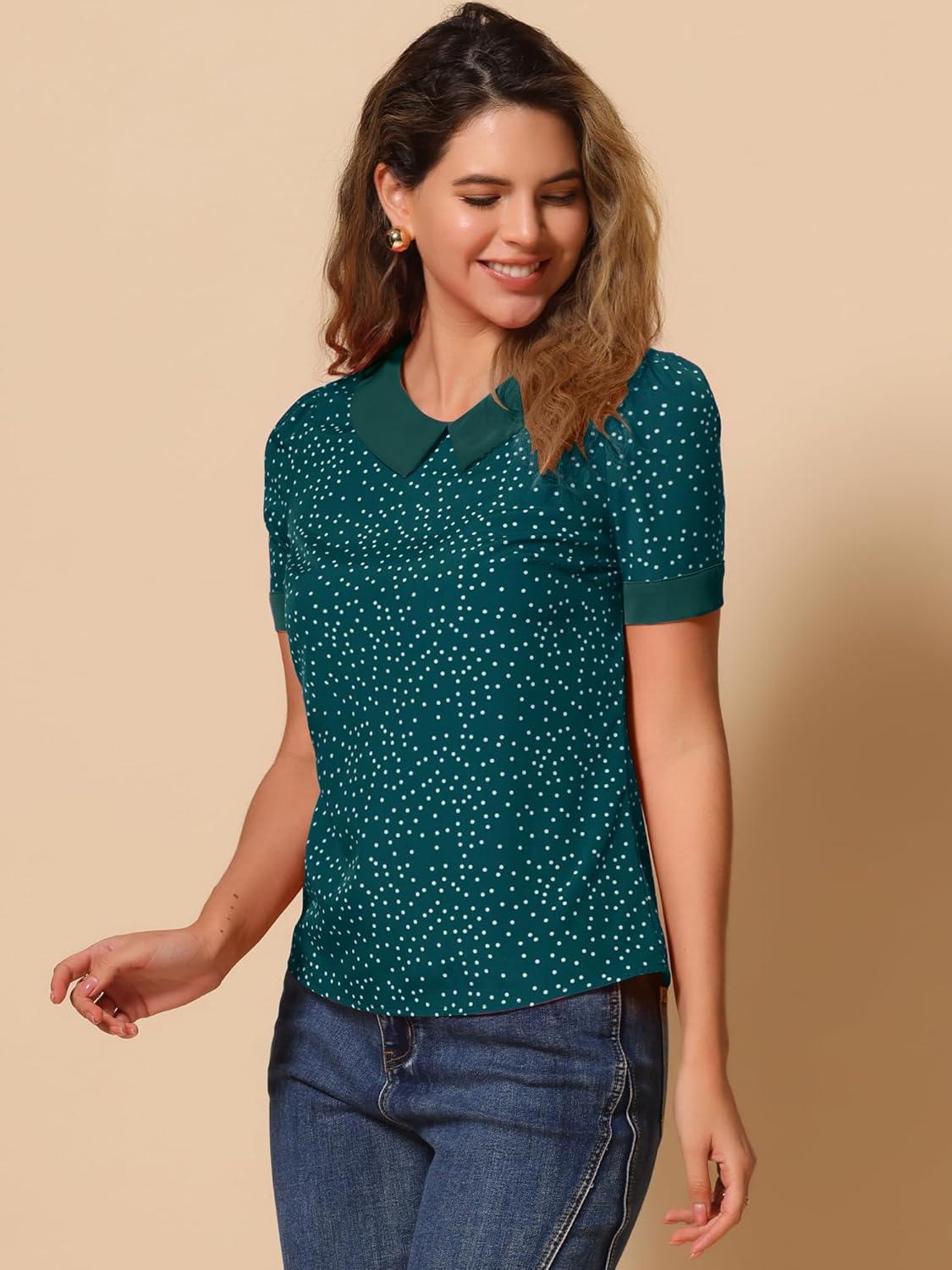 imageAllegra K Womens Peter Pan Collar Shirt Vintage 1950s Polka Dots BlouseBlue Green White