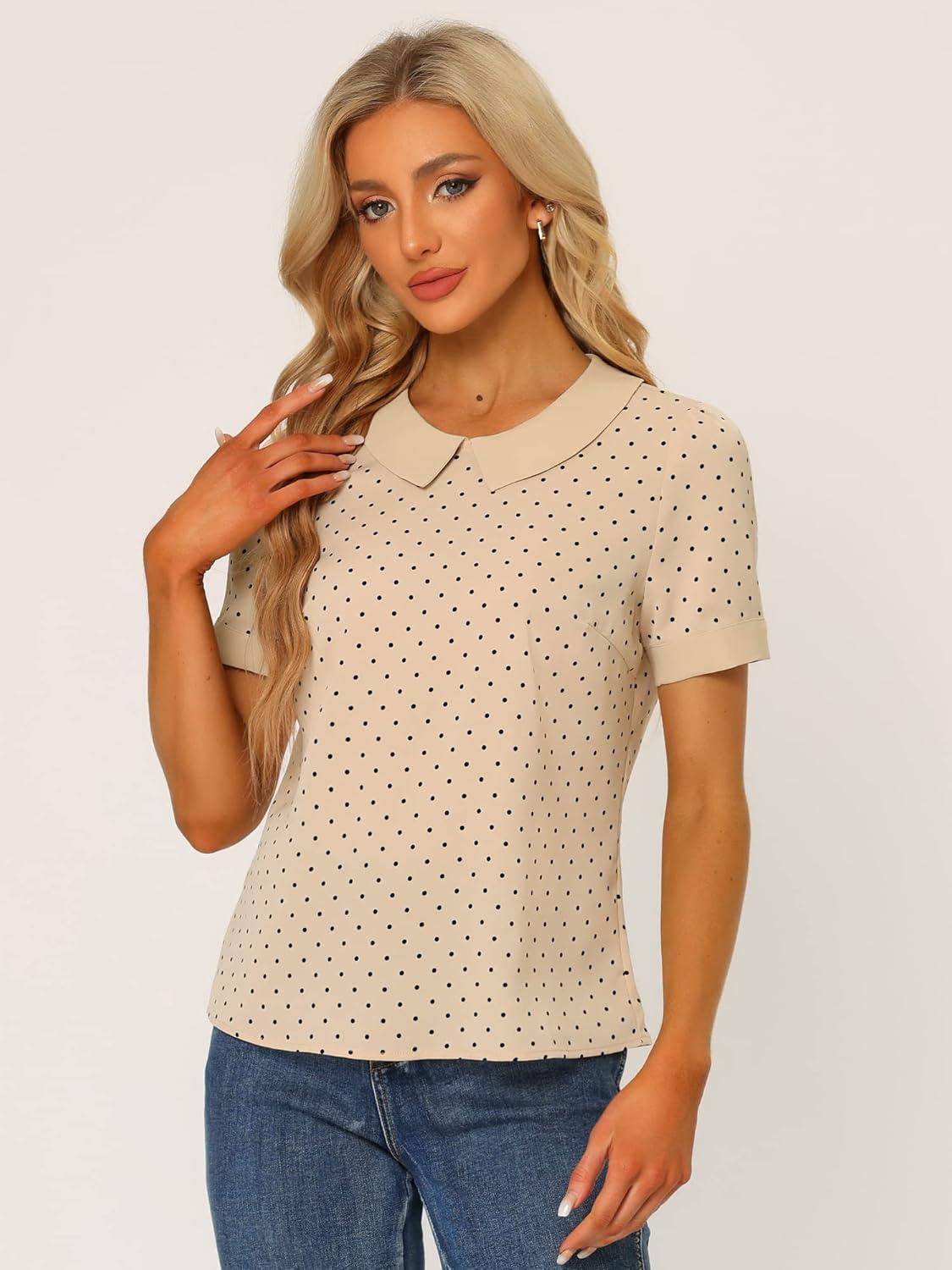 imageAllegra K Womens Peter Pan Collar Shirt Vintage 1950s Polka Dots BlouseDark Beige