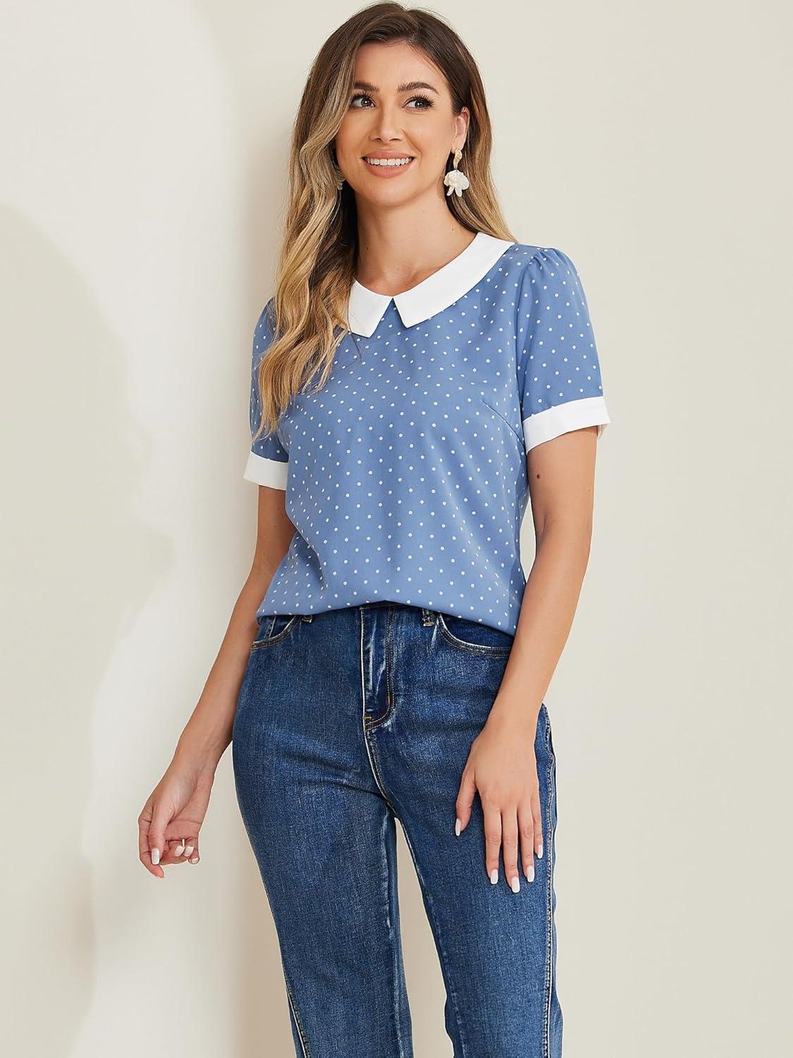 imageAllegra K Womens Peter Pan Collar Shirt Vintage 1950s Polka Dots BlouseDusty Blue
