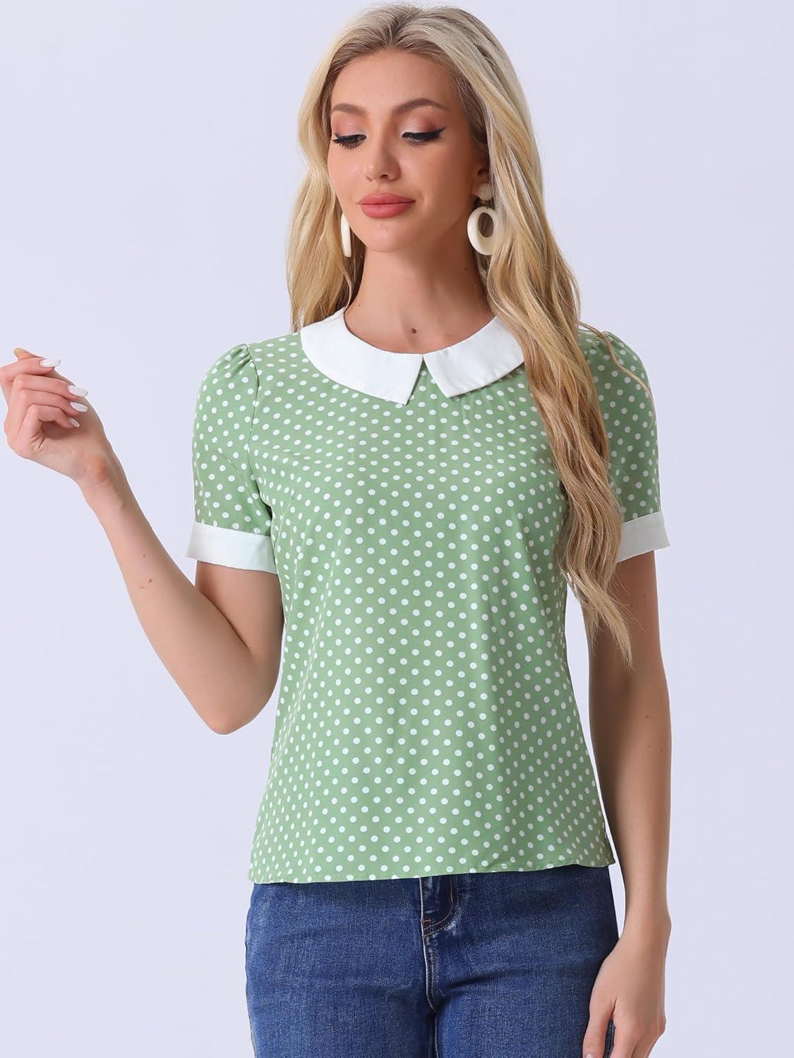 imageAllegra K Womens Peter Pan Collar Shirt Vintage 1950s Polka Dots BlouseDusty Green