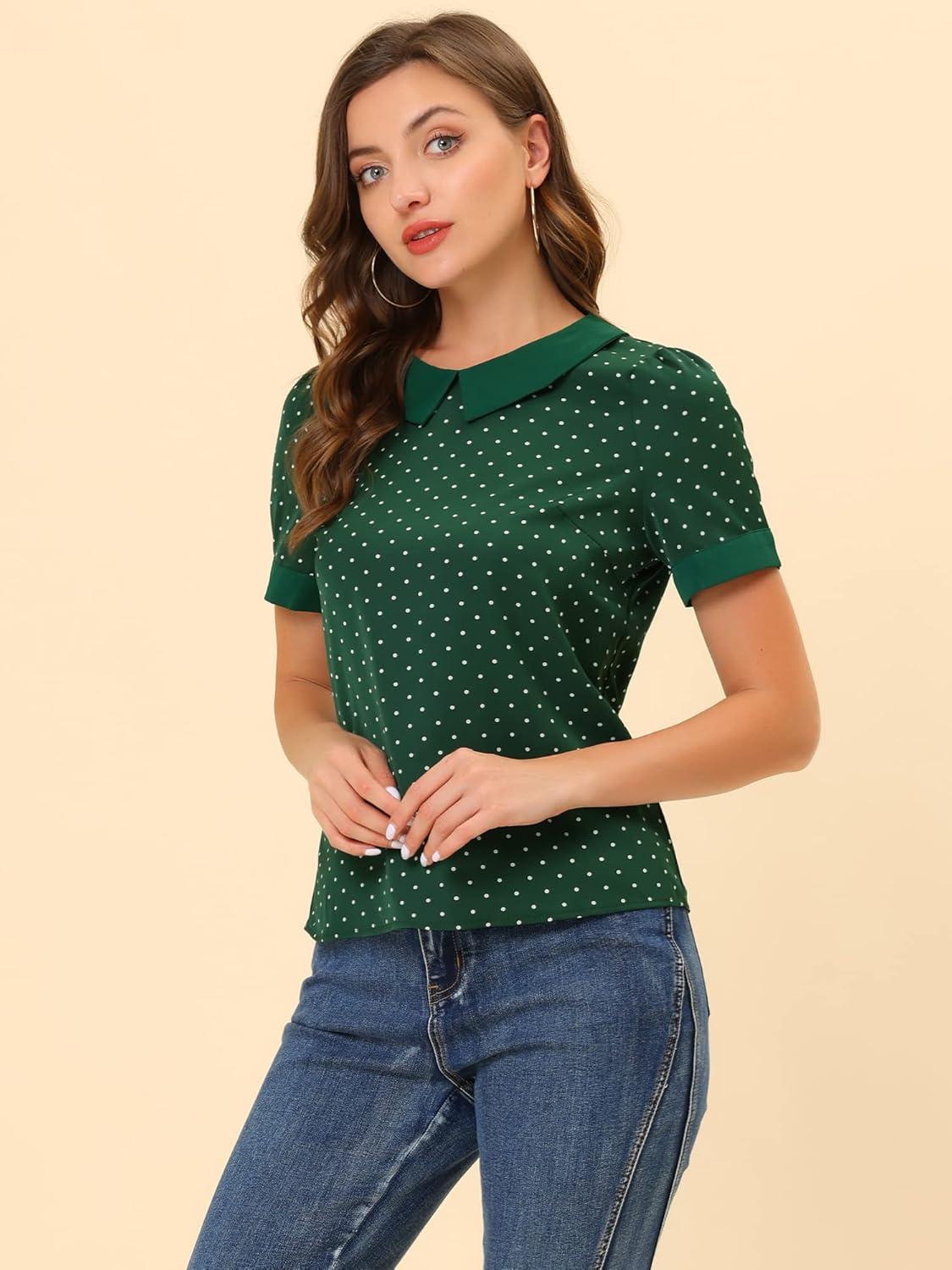 imageAllegra K Womens Peter Pan Collar Shirt Vintage 1950s Polka Dots BlouseGreen