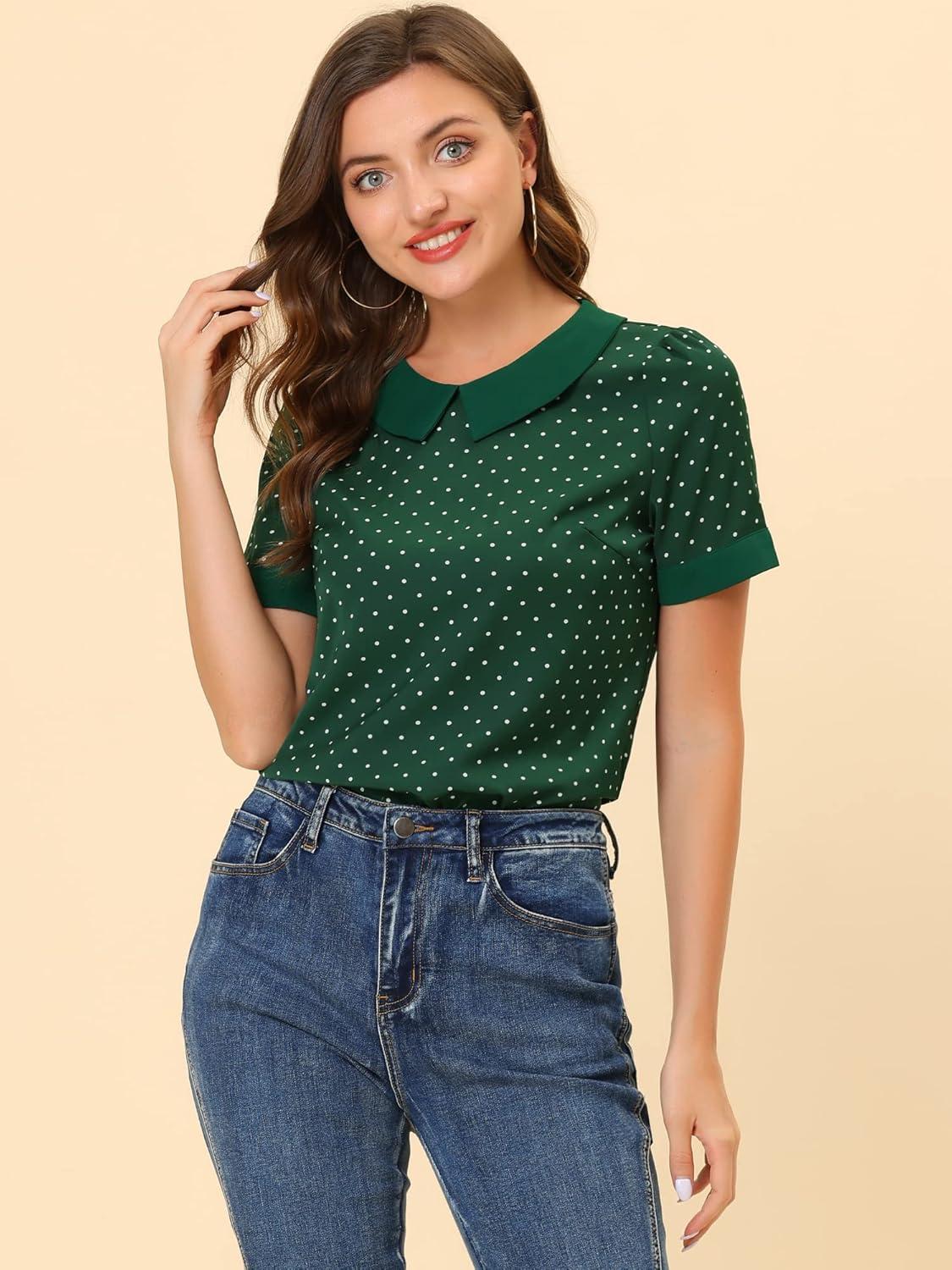 imageAllegra K Womens Peter Pan Collar Shirt Vintage 1950s Polka Dots BlouseGreen