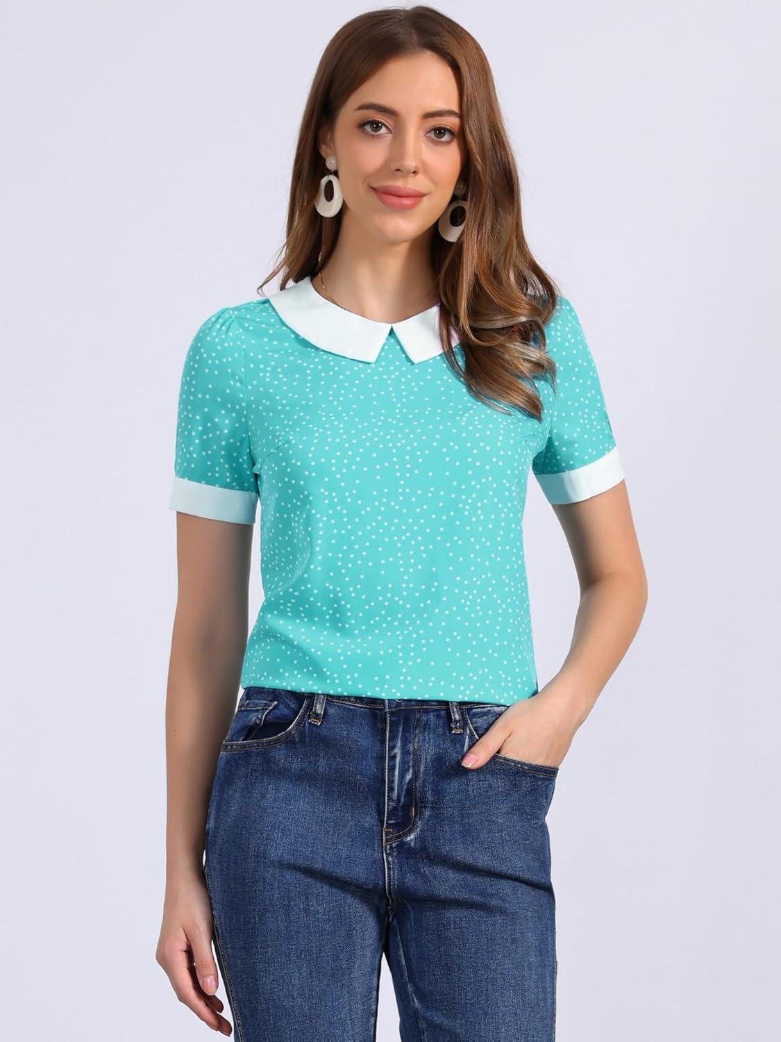 imageAllegra K Womens Peter Pan Collar Shirt Vintage 1950s Polka Dots BlouseLake Blue