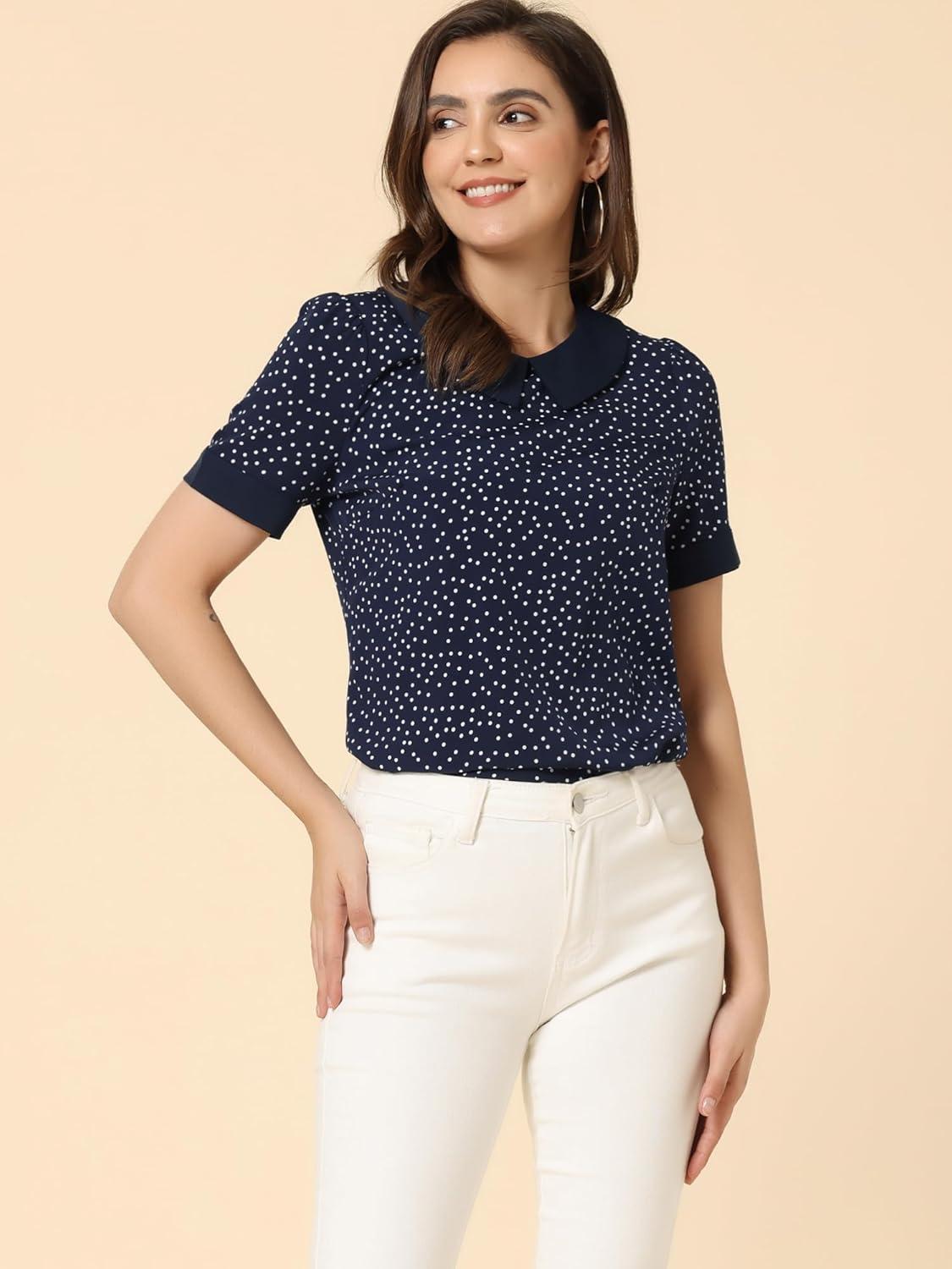 imageAllegra K Womens Peter Pan Collar Shirt Vintage 1950s Polka Dots BlouseNavy Blue