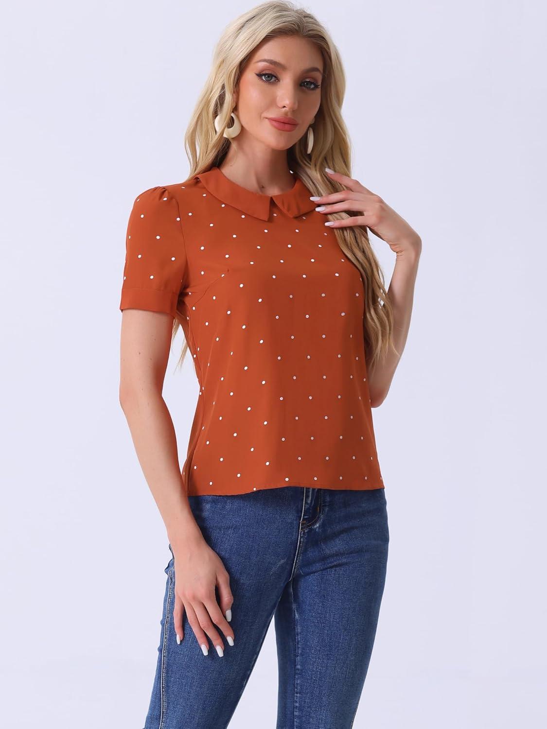 imageAllegra K Womens Peter Pan Collar Shirt Vintage 1950s Polka Dots BlouseOrange
